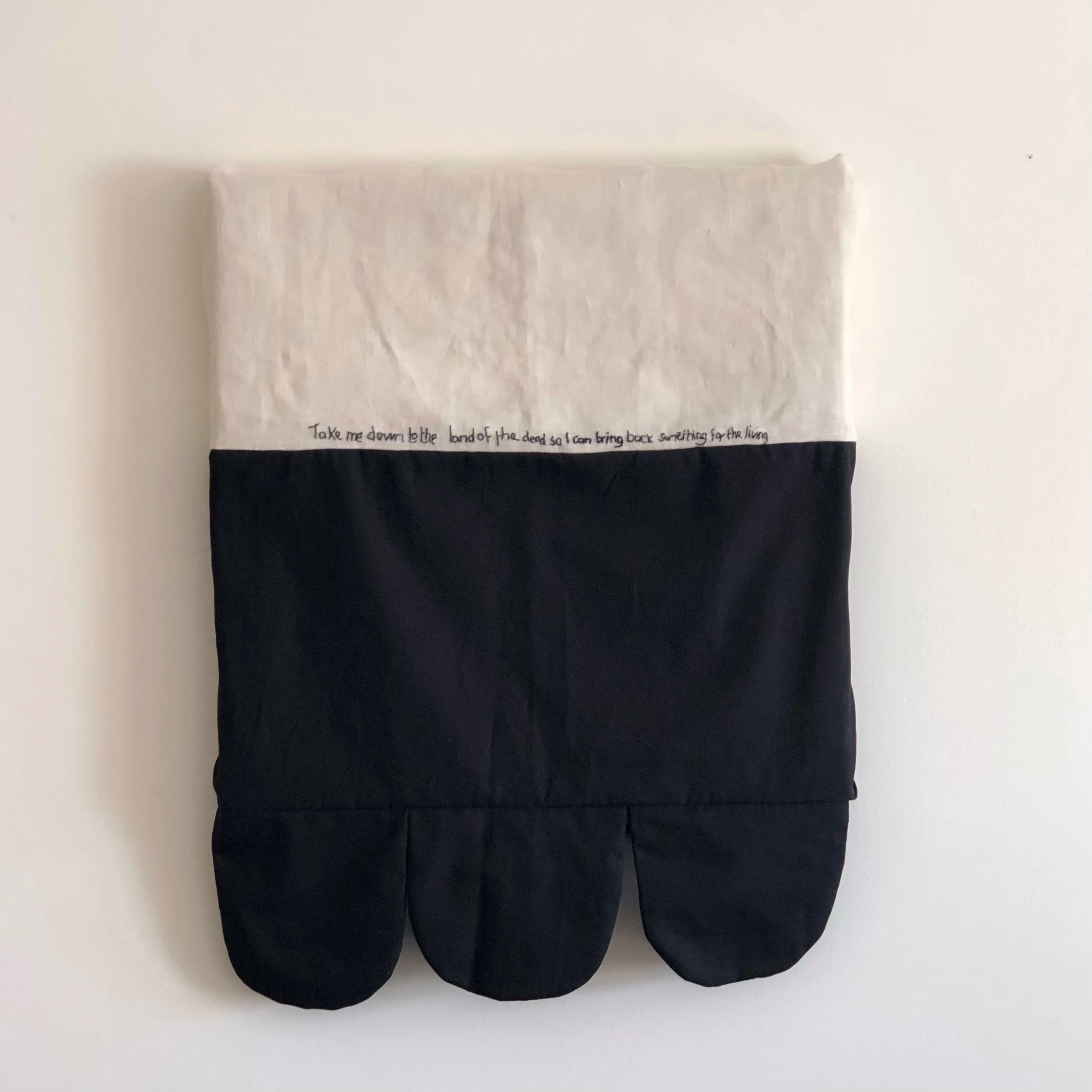 Take Me Down To The Land Of The Dead So I Can Bring Back Something For The Living.  
For further information and availability please email: kellyconnorartist@gmail.com
40cm x 40Cm excluding Scallop edge. Linen and Cotton.