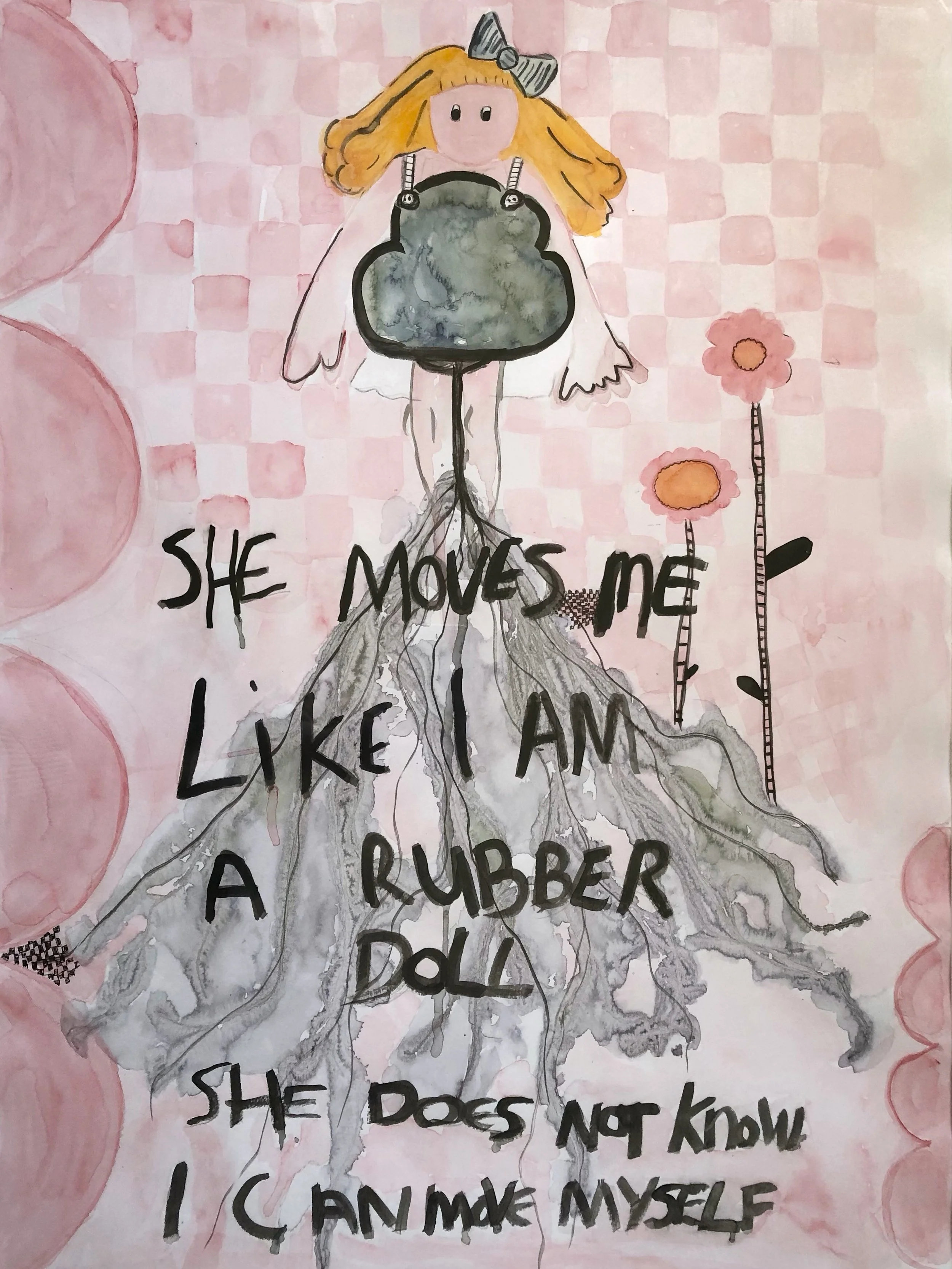 Rubber Doll.  Mixed Media on 300gsm A1.  For further information and availability please email: kellyconnorartist@gmail.com