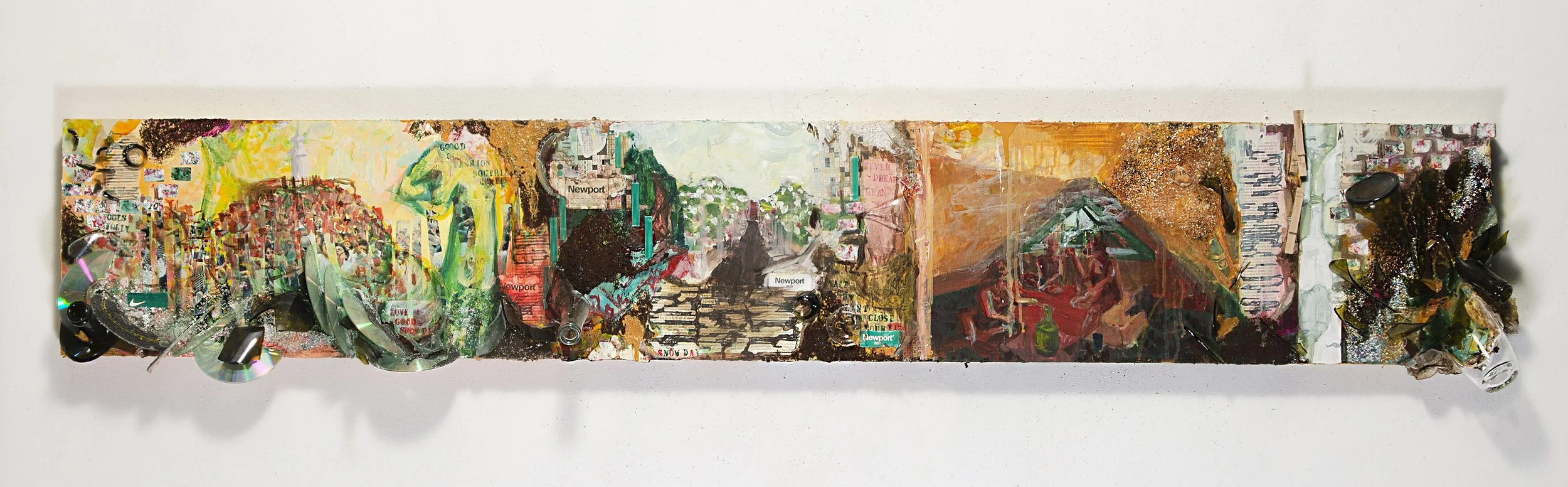 "Cook Clarity"

acrylic, glass, coffee, CD's, newport, cross words, national geographic, wood panel, 72"x12"

2020