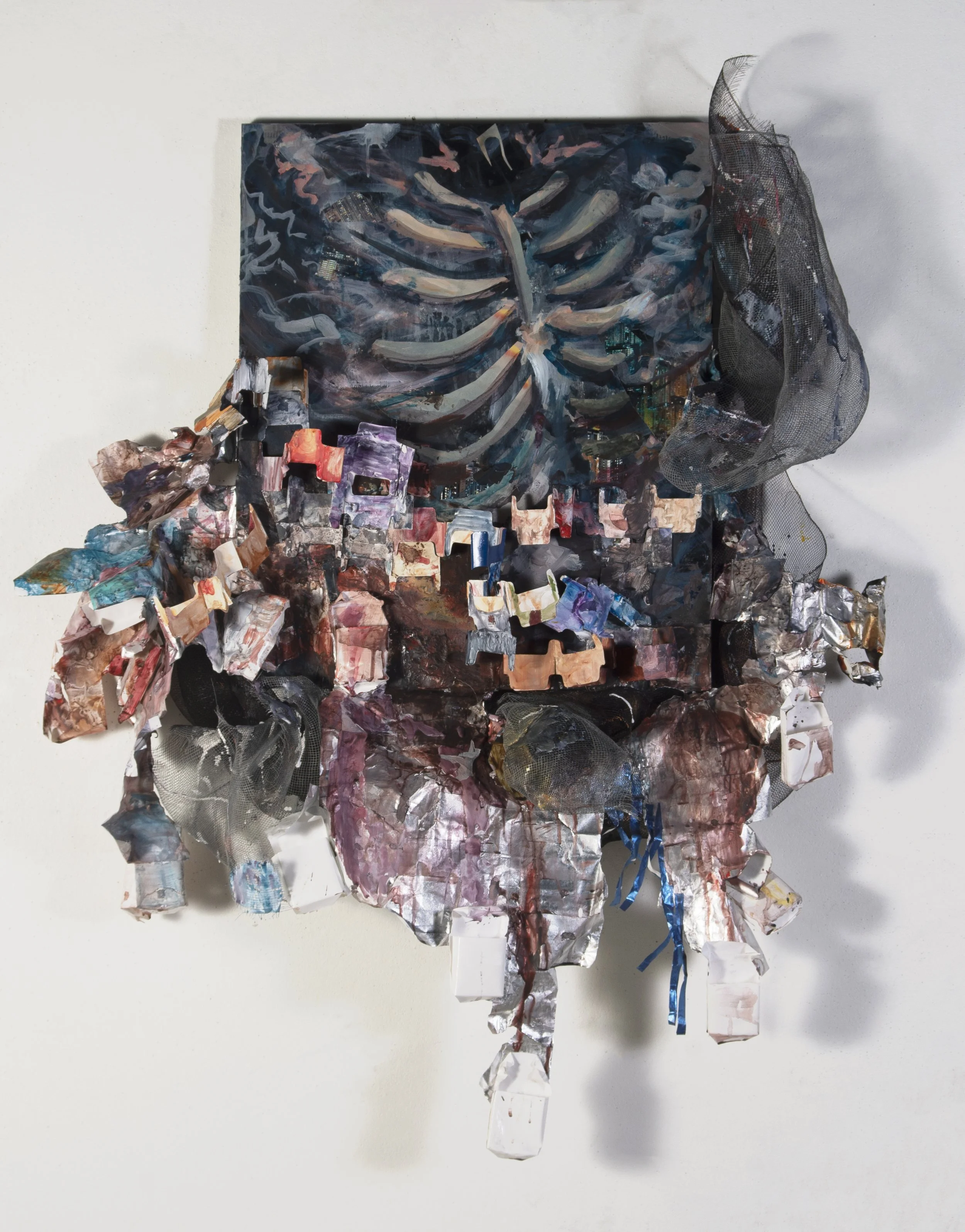 "Exhale"

Acrylic, cigarette foils, mesh, national geographics, 28"x48"

2021