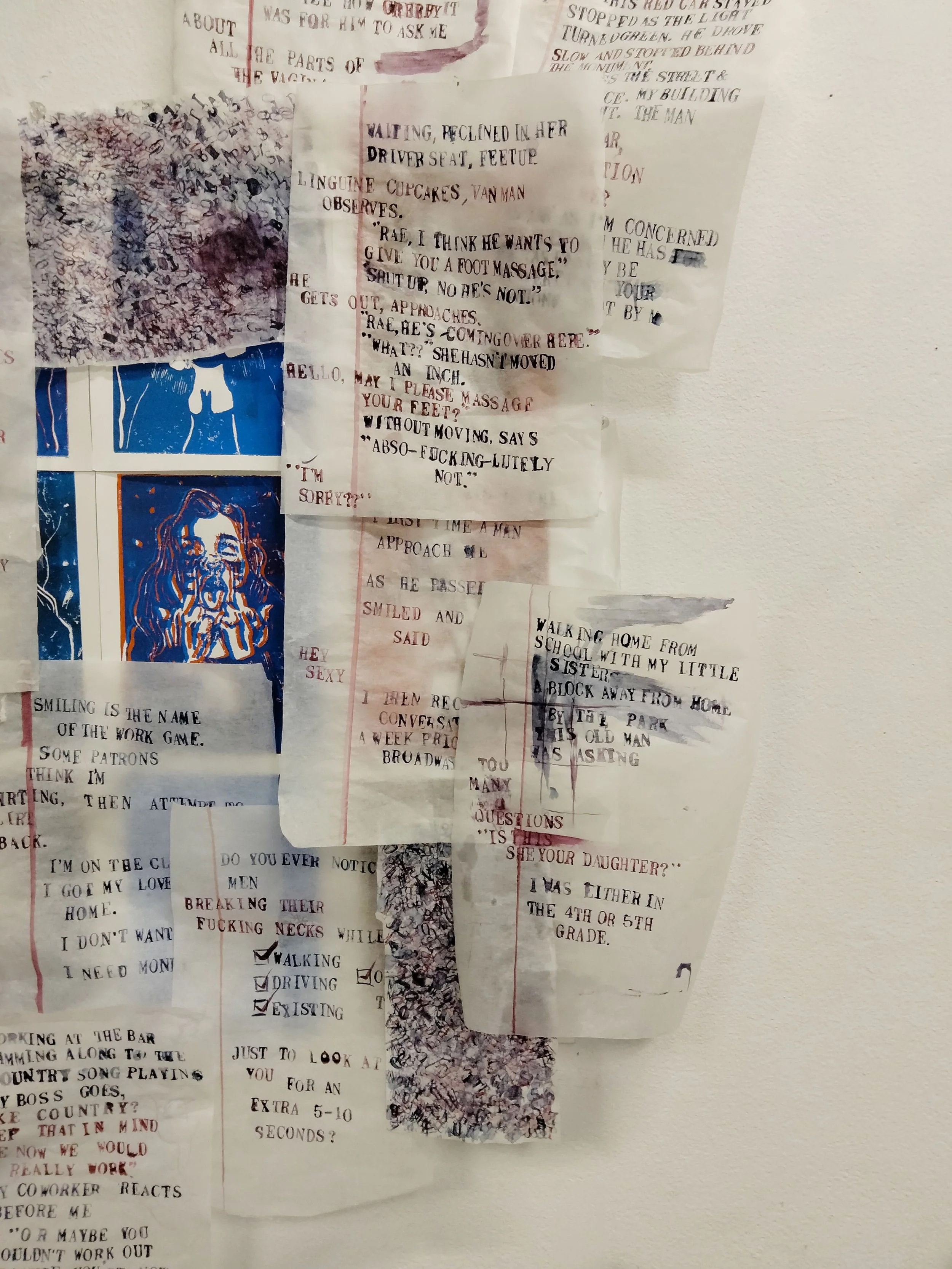 Block print underneath is a self portrait. I am depicted with two middle fingers pulling at my lower eyelids, and tongue out. This expression is reserved for a very sincere "fuck you"