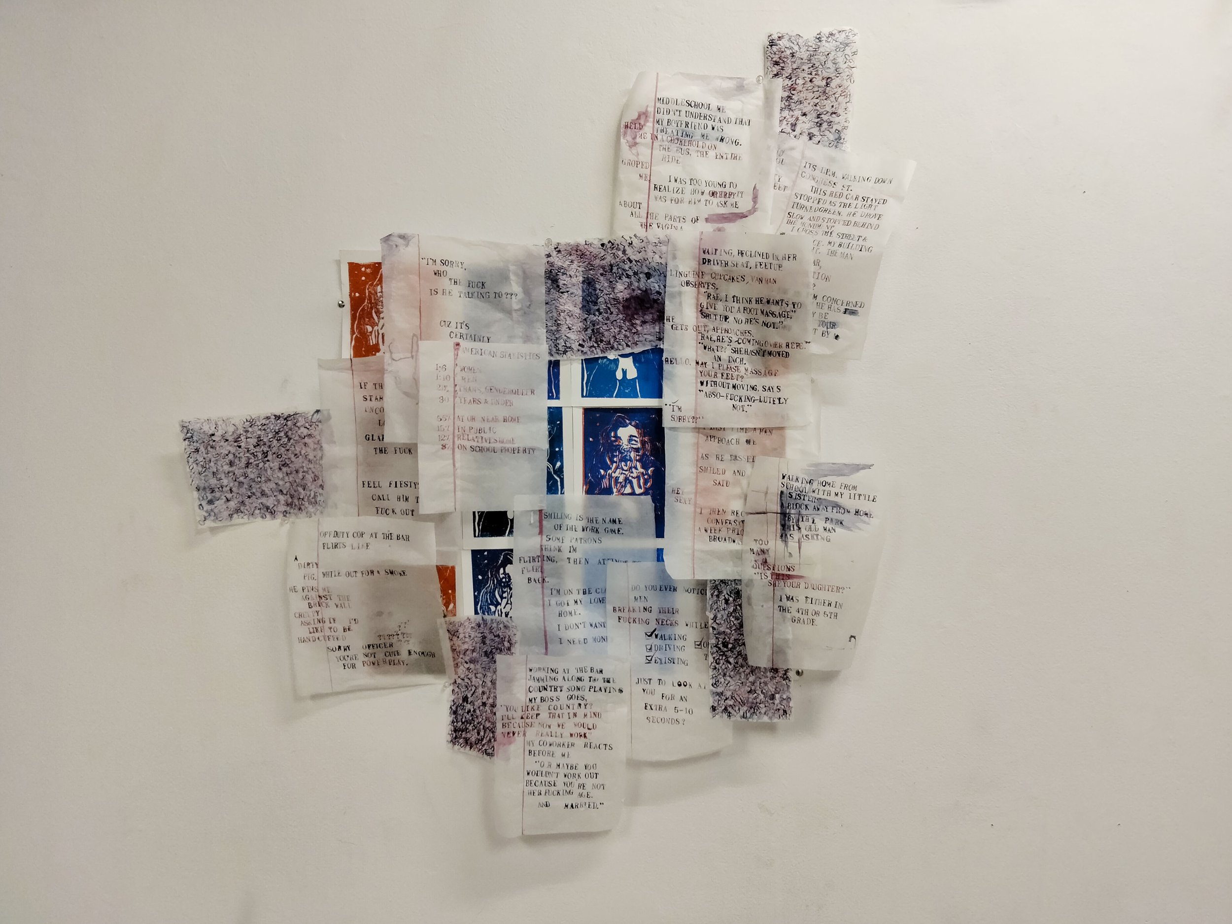 "Bellicose"

block print, transparent paper, stamped texts