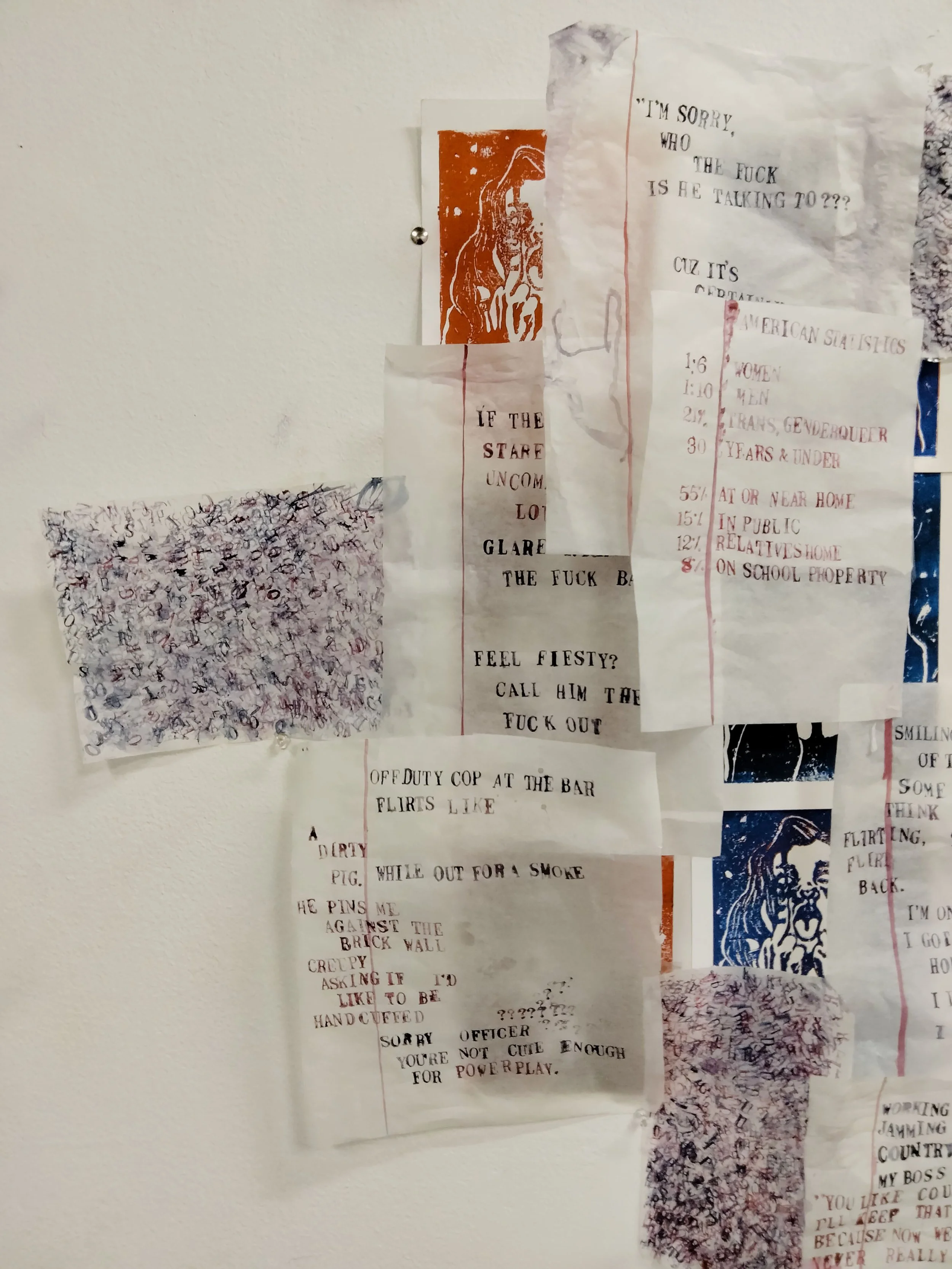 Transparent papers hold anecdotes from friends and femmes I know. Each about interactions from predatory cis men.