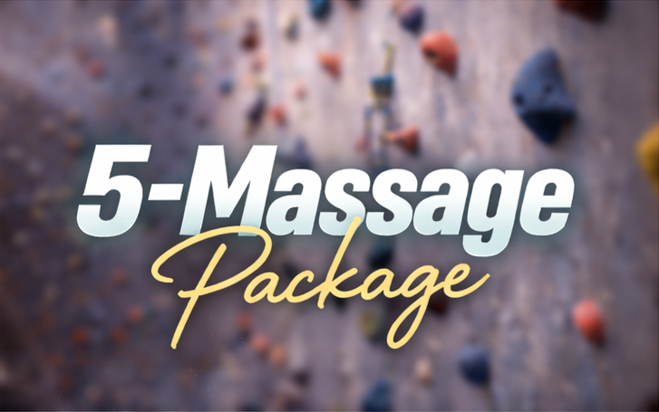 Text overlay on a blurred background of a rock climbing wall that reads '5-Massage Package'