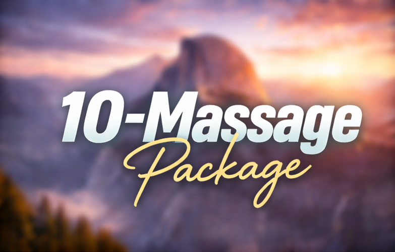 Text overlay on blurred mountain landscape background reads '10-Massage Package', with '10-Massage' in bold white and 'Package' in yellow cursive.
