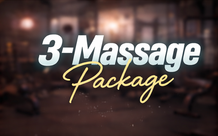 Text promoting a 3-massage package, with a blurred gym or studio background.