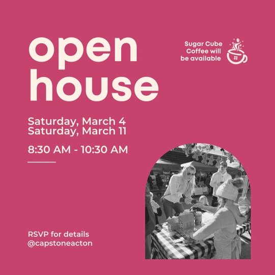 Tomorrow - Saturday, March 4 is Capstone's Coffee Open House! 

Stop by anytime between 8:30AM and 10:30 AM.  Grab a cup of coffee from Sugar Cube - a business owned + operated by one of our very own Capstone Heroes! 

Embark on a self-directed tour 