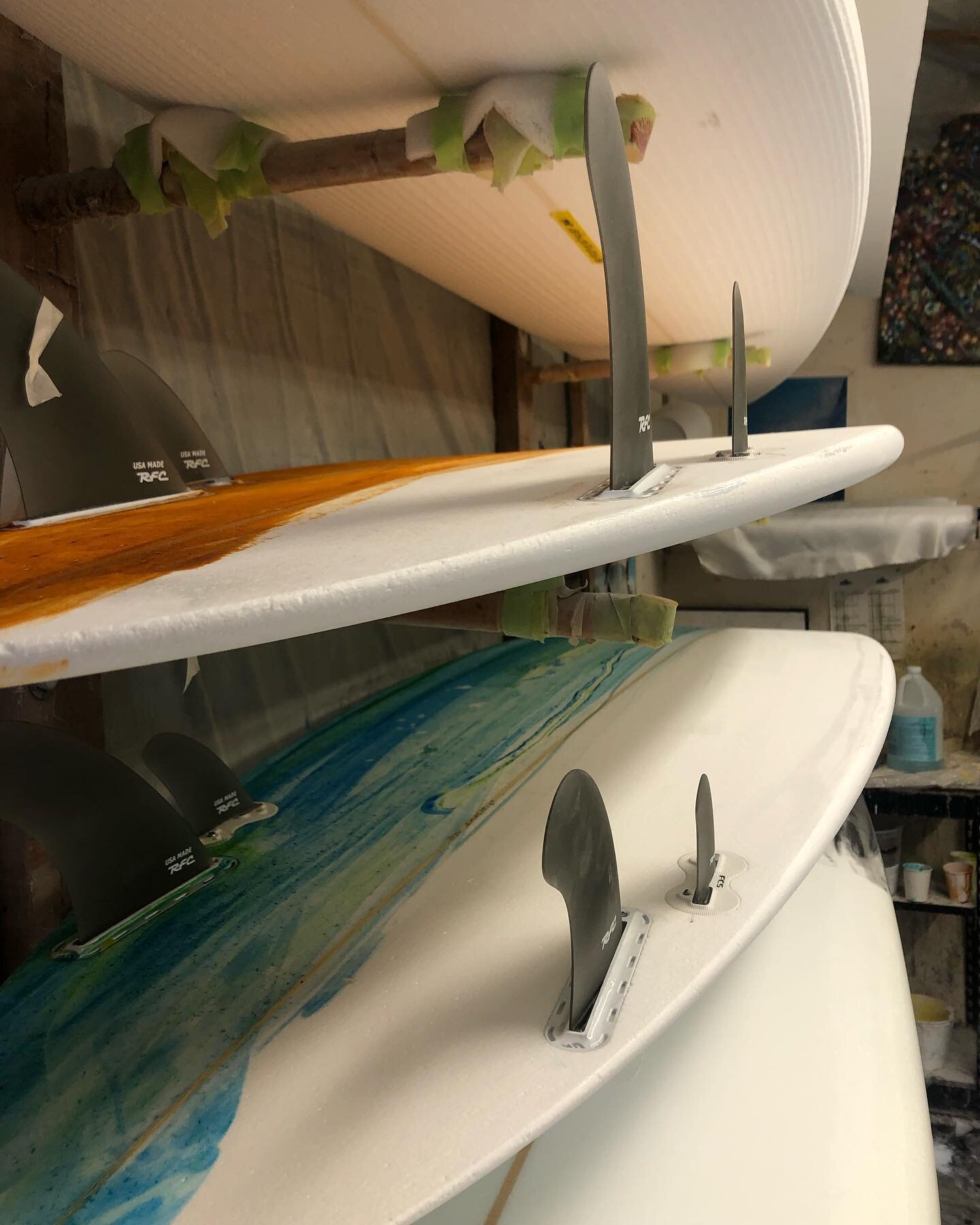 A couple of twinzers getting ready for glassing. These photos show the gap and angle of the fins. #twinzer #customsurfboards #surfing #surfboards