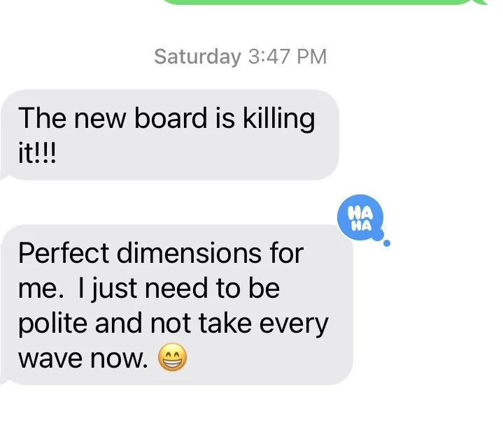 Text message conversation discussing a new board being very effective and mentioning personal growth.