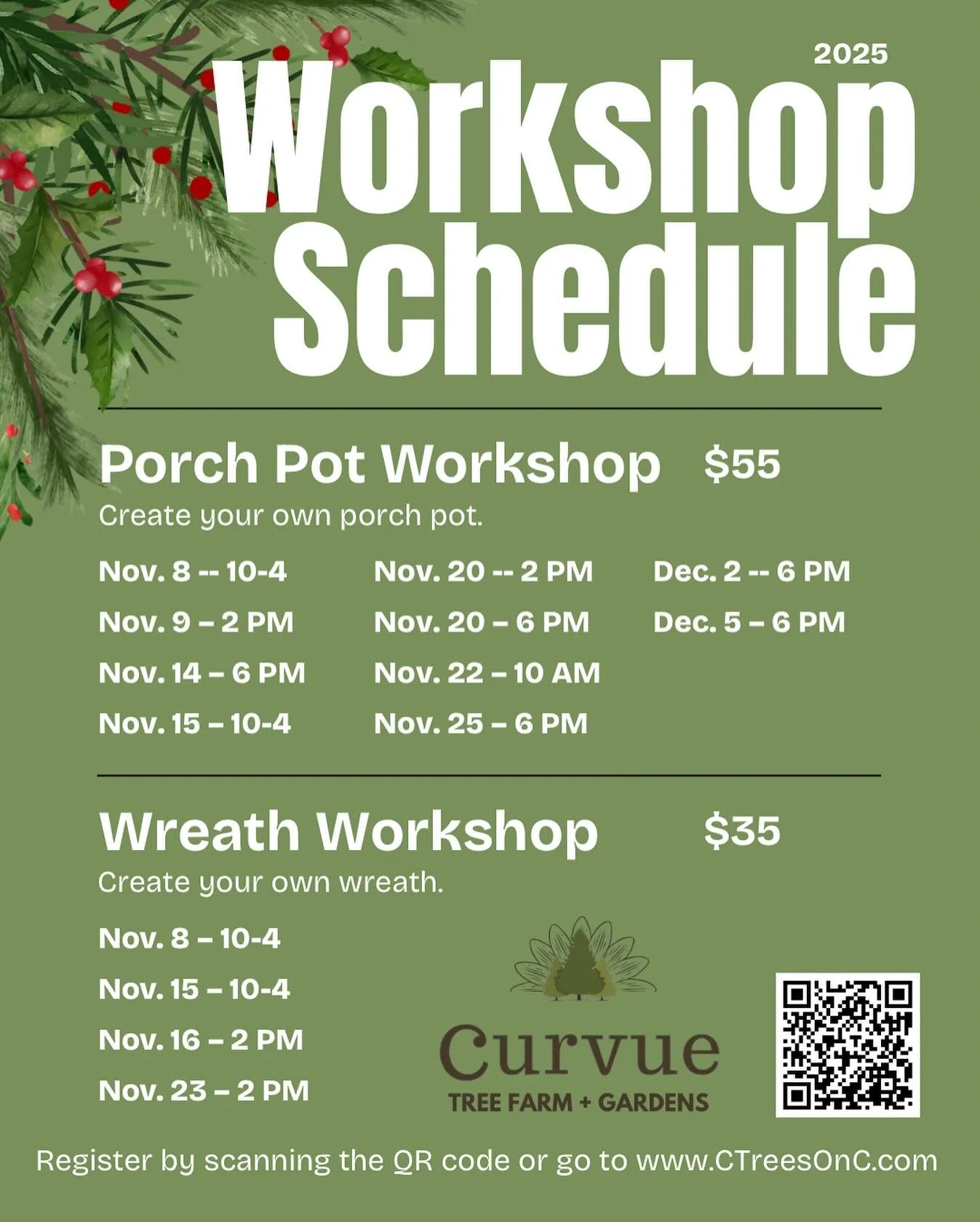 Here&rsquo;s the schedule of porch pot + wreath making workshops for this Christmas season! I will be sharing some kid-friendly classes soon. Go to the &ldquo;Events&rdquo; page on our website or scan the QR code to register + save your spot. 

#curv