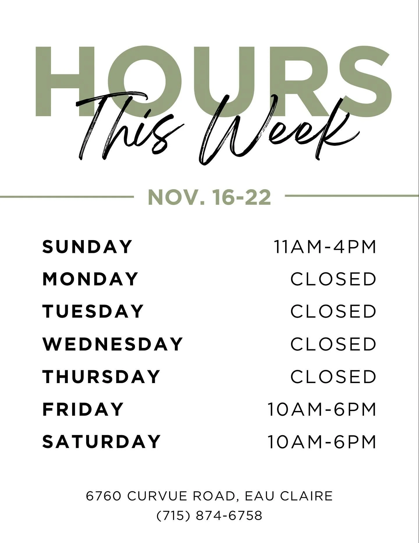 Our hours this coming week. Can&rsquo;t wait to see you! 

#christmasatcurvue #curvuetreefarm #curvuetreefarmandgardens #eauclaire #treefarm #eauclairetreefarm