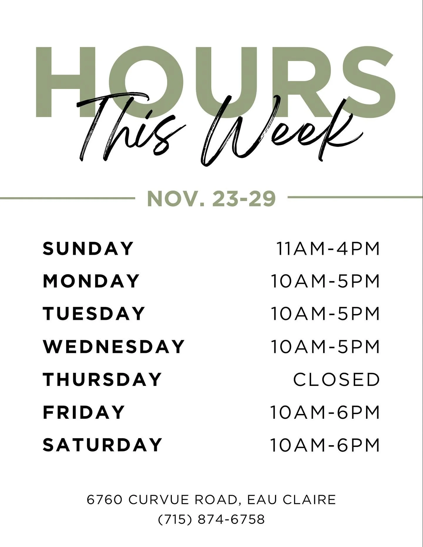 We look forward to seeing you! Have a happy Thanksgiving! 

#curvuetreefarm #curvuetreefarmandgardens #christmasatcurvue #eauclaire #shoplocal #shopsmall #eauclairetreefarm #familyfun #traditions #christmastraditions