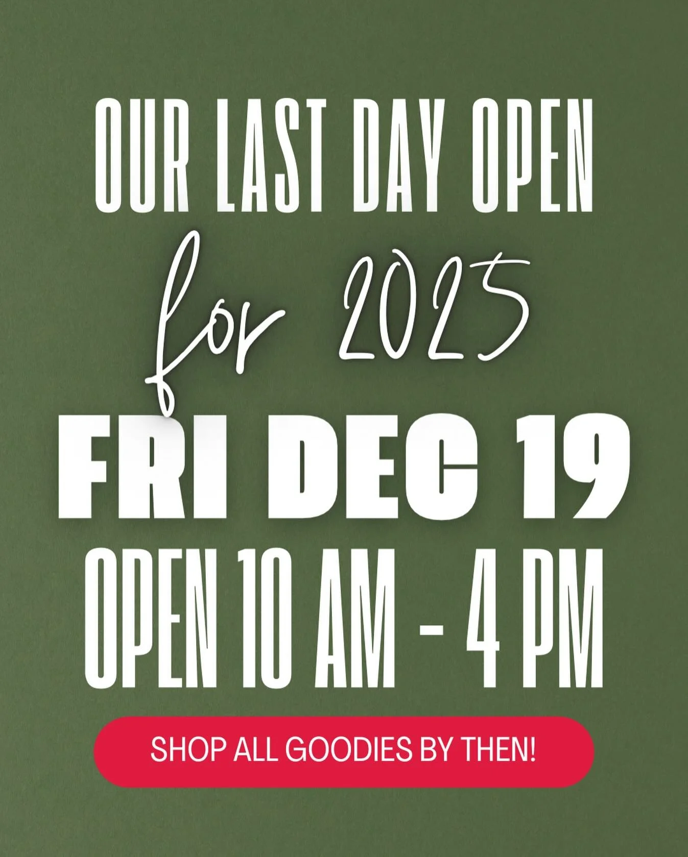 Reminder - tomorrow is our last day open. We will be open 10-4. The Gift Shop will be open to shop. We still have some pre-cut trees, wreaths + porch pots. Porch pots + wreaths are 50% off! You are also welcome to take the wagon back to cut your own 