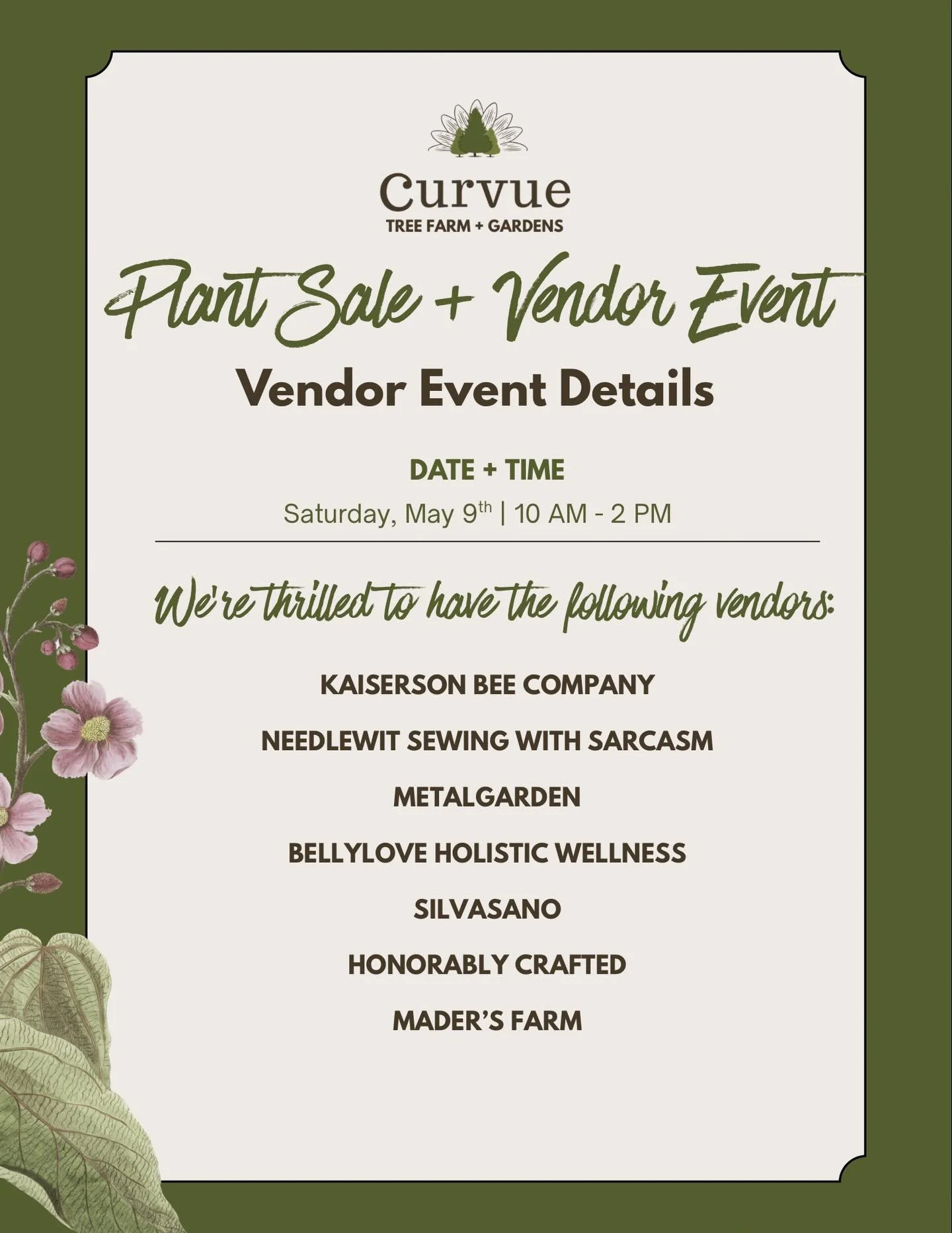 Grab some tasty treats, body care + handcrafted items this Saturday! Grab that Mother&rsquo;s Day gift or treat yourself while supporting local artists + small businesses. 🫶🏻

#curvuetreefarmandgardens #plantsale #vendorevent #shopsmall #shoplocal
