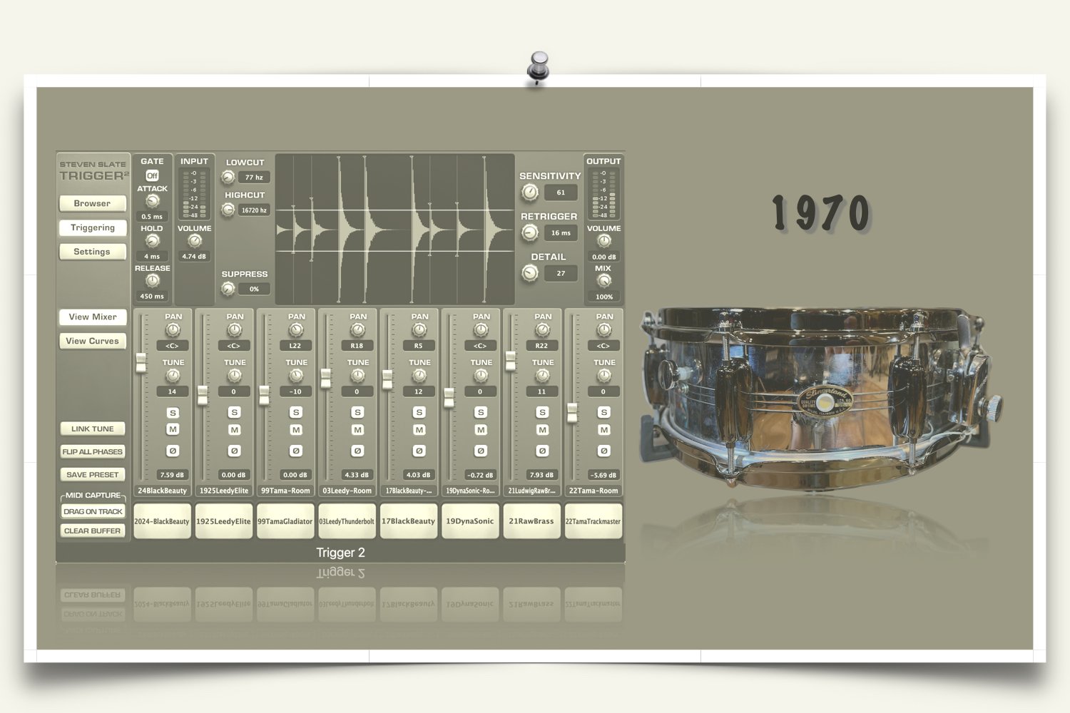 1970 Slingerland Sound King Brass Snare drum sounds for Slate Trigger