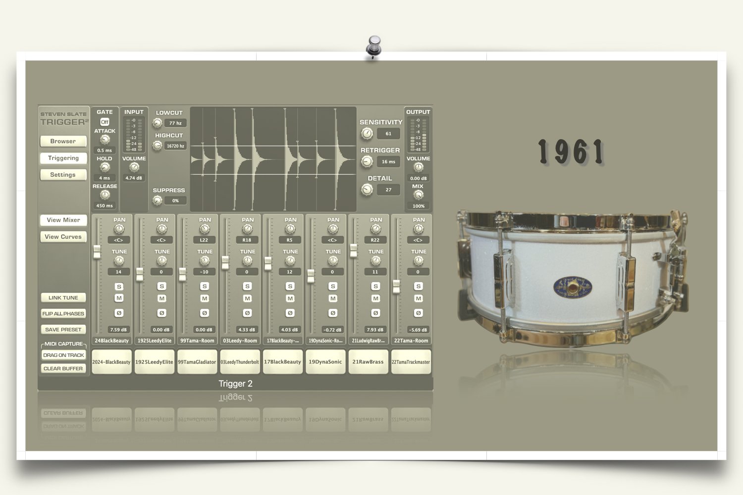 1961 Leedy Reliance Solid Mahogany snare sounds for Slate Trigger