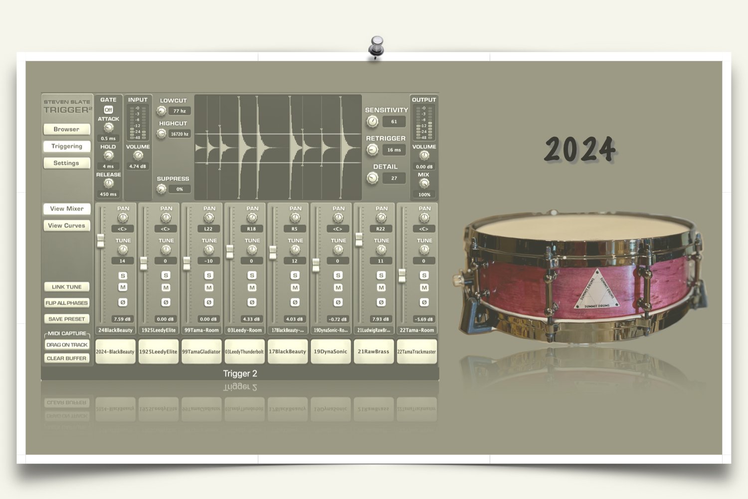 Solid Purpleheart snare samples for Slate Trigger