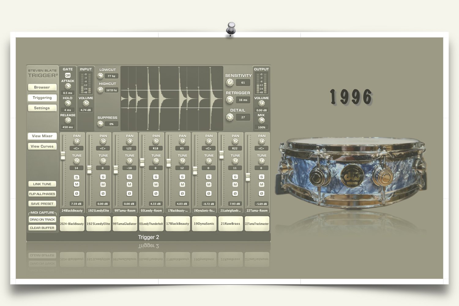 1996 DW Collectors Maple Snare Slate Trigger