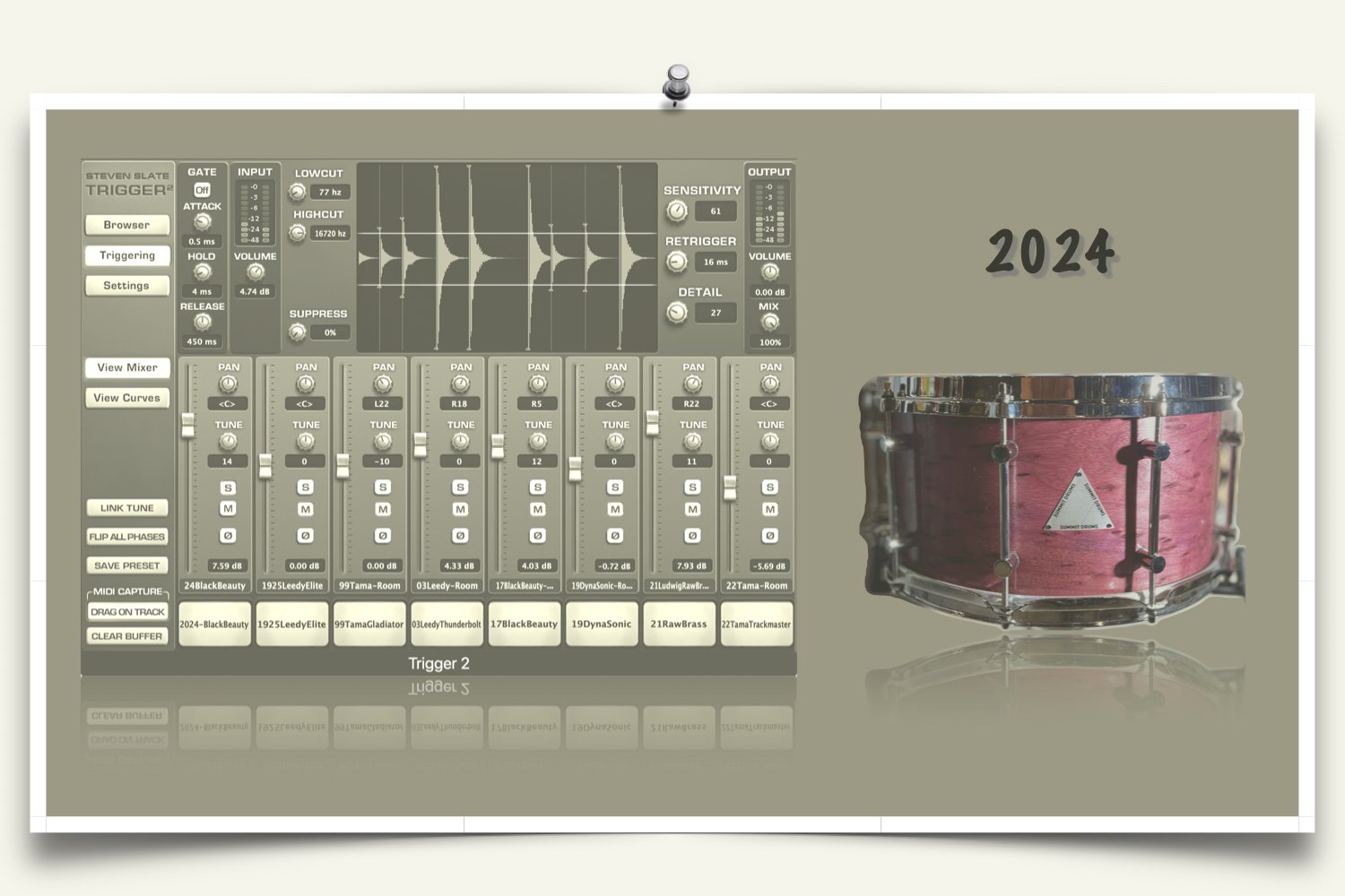 Solid Purpleheart snare samples for Slate Trigger
