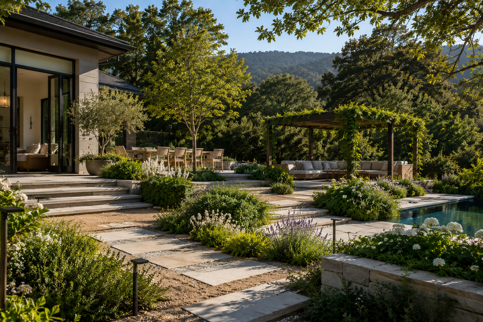 Modern backyard retreat with lush garden