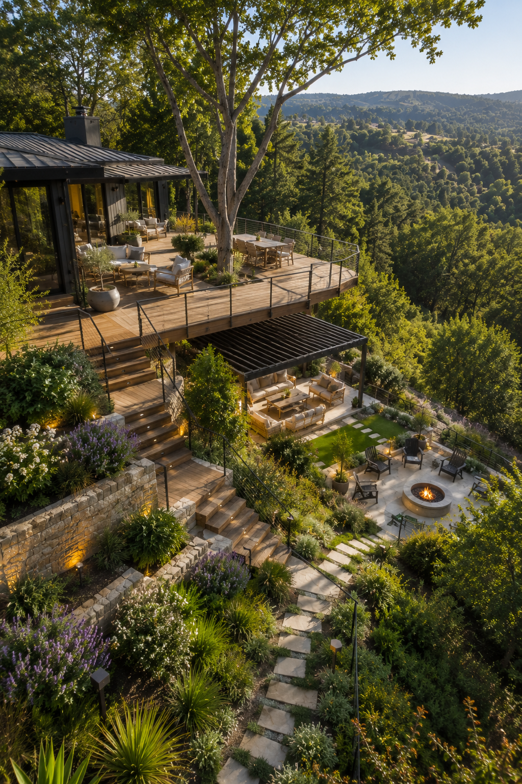 Modern hillside retreat with lush terraces