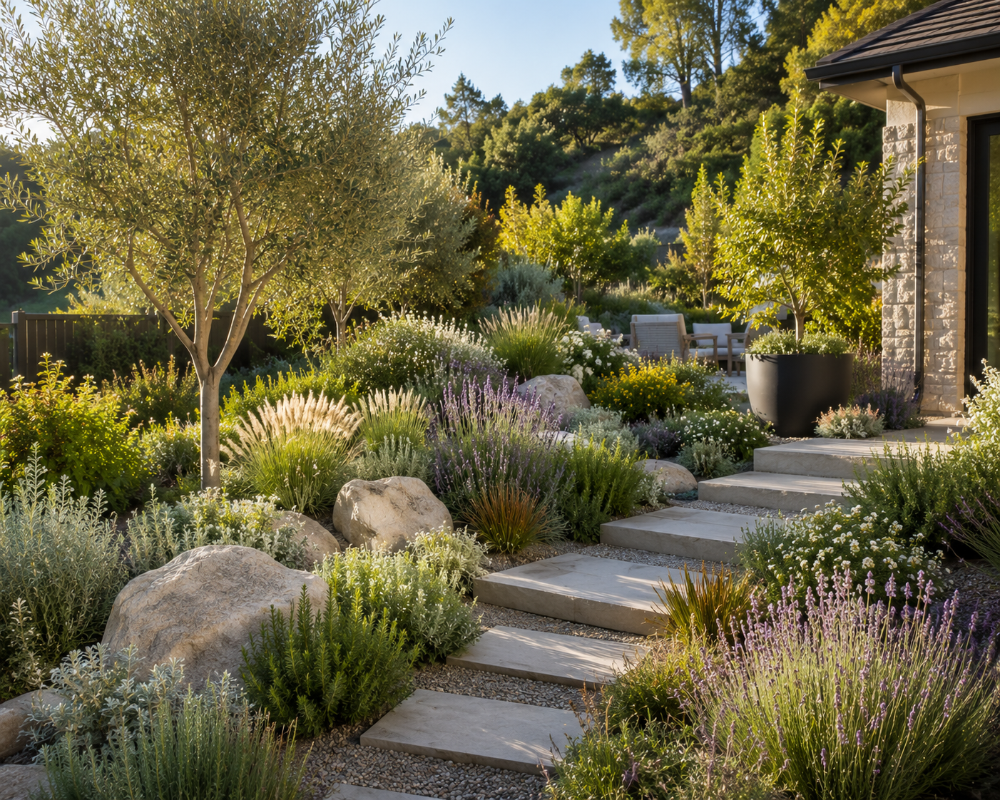 Serene Mediterranean garden in sunlight
