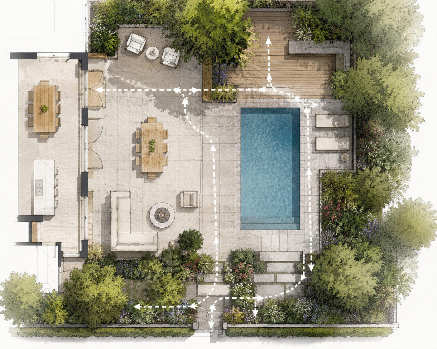 Outdoor living space layout with pool