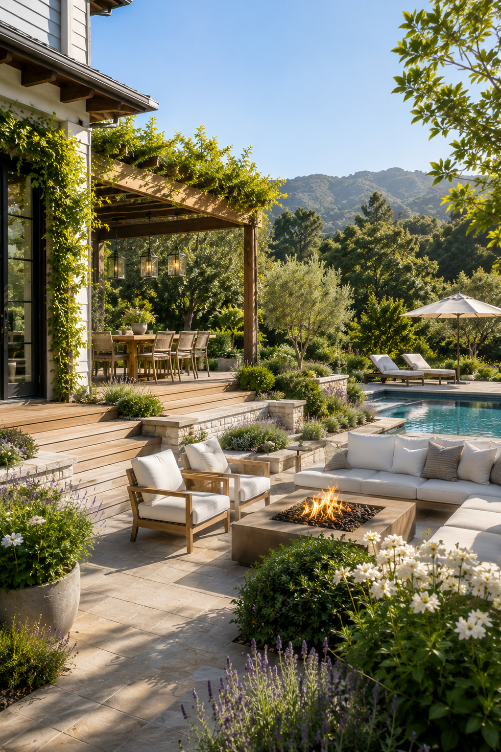 Luxury outdoor patio with fire pit