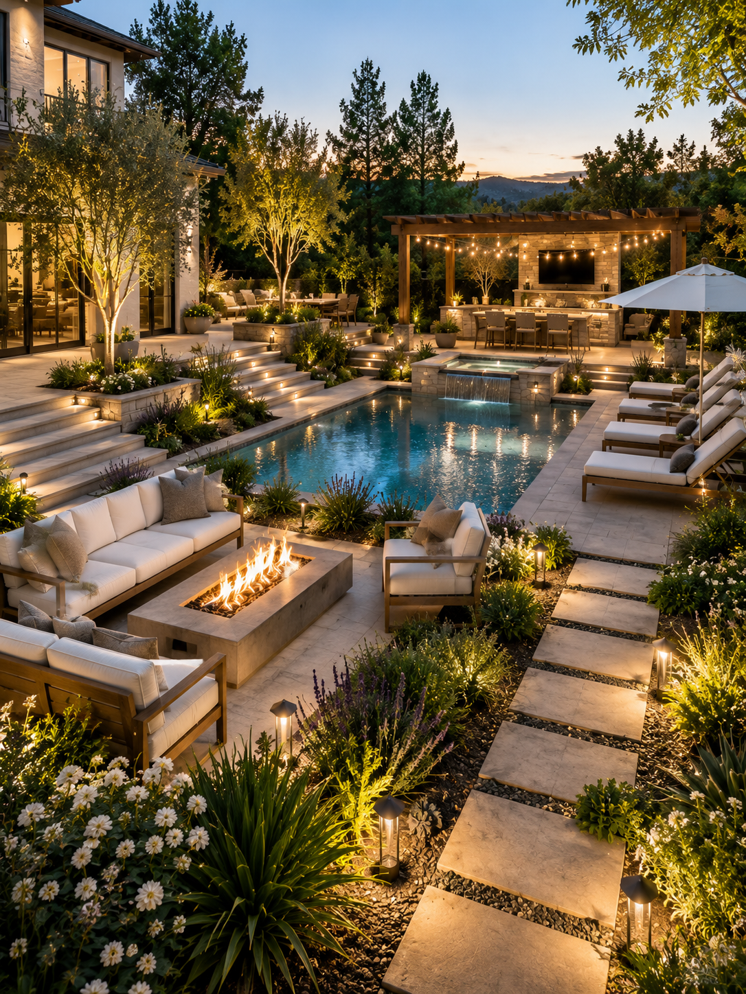 Elegant backyard retreat at dusk