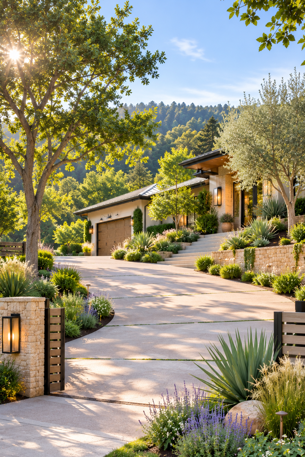 Serene hillside driveway and garden