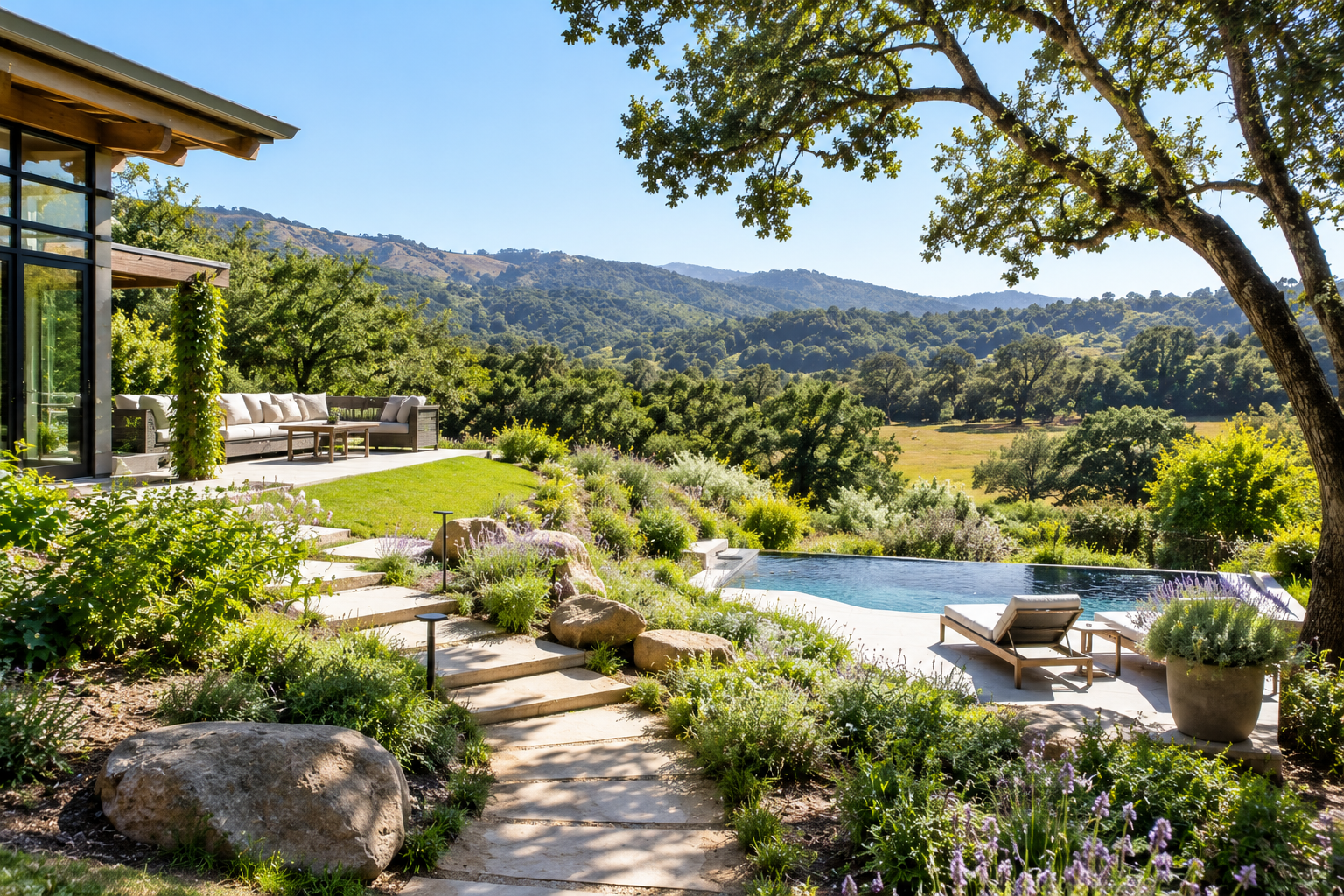 Serene hillside garden with pool view