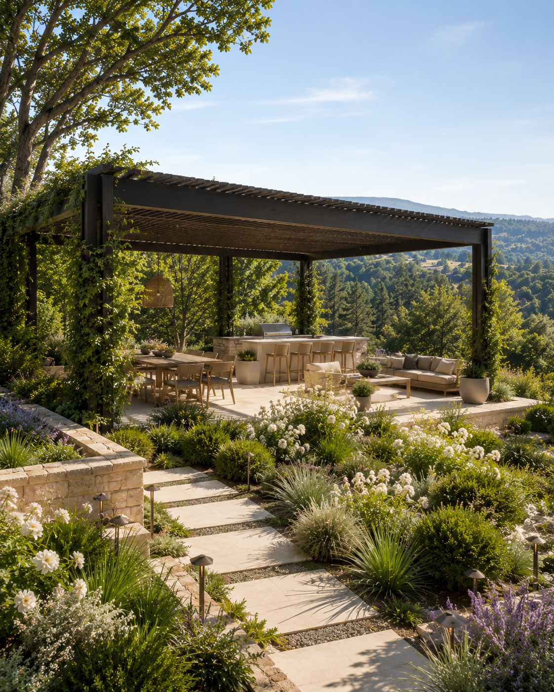 Serene luxury backyard with modern pergola