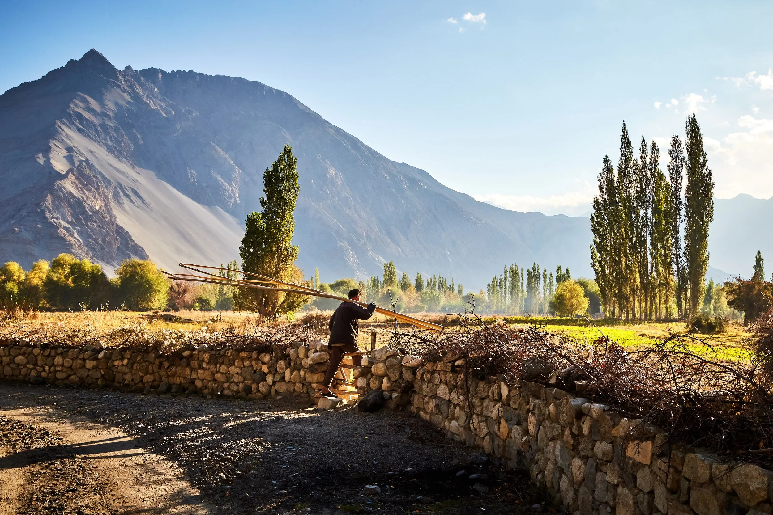 A villager is crossing over a fence stile in Nubra Valley. Nubra valley is a vital region part of the ancient silk route. Traders rest in the region before moving further on the trade route.