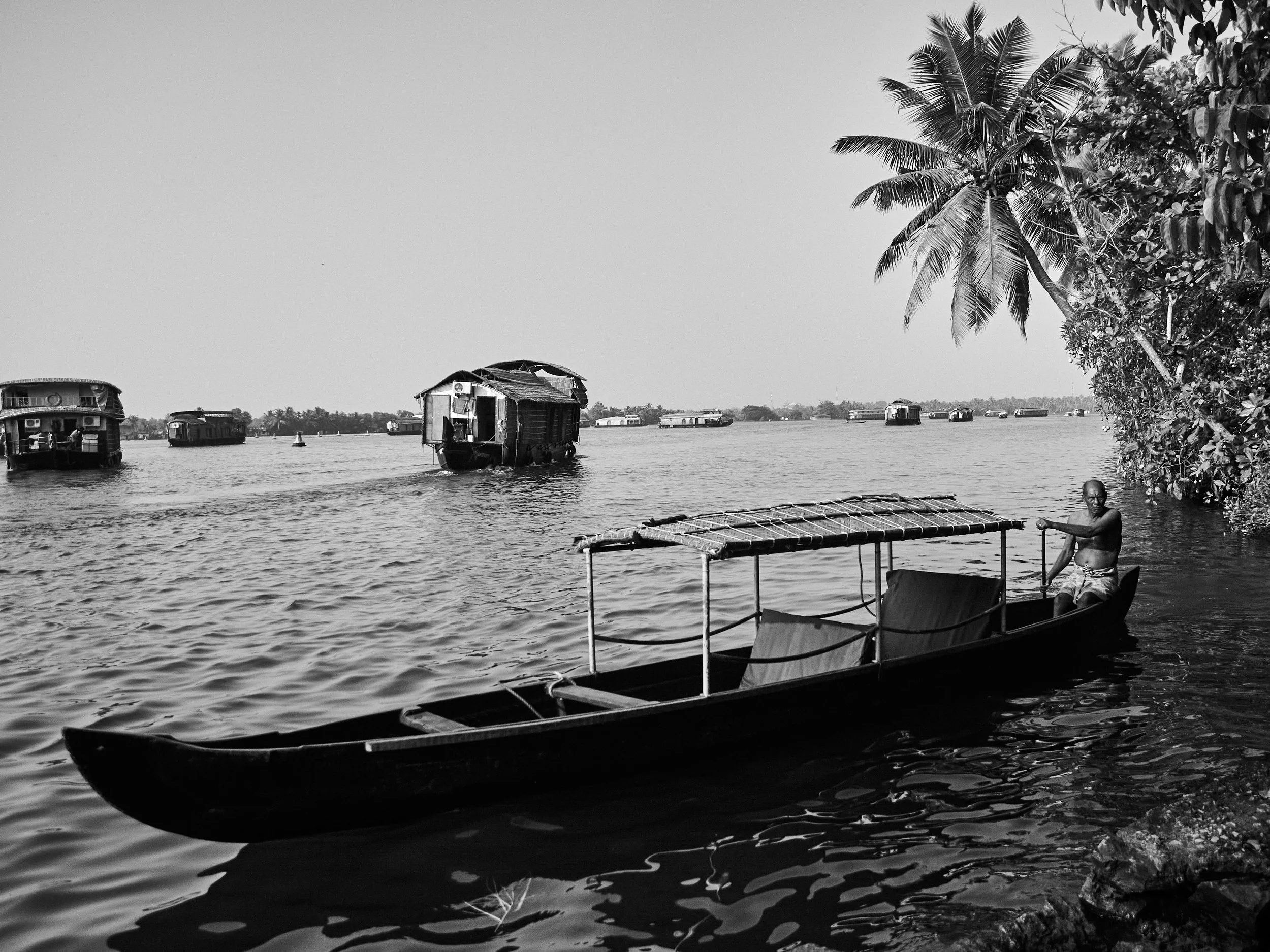 A group of houseboats departing the ports for their morning tours in Alappuzha, Kerala. Houseboats once used for the transport of trade items like rice are now increasingly popular among the tourists as an accomodation and business groups as fancy co