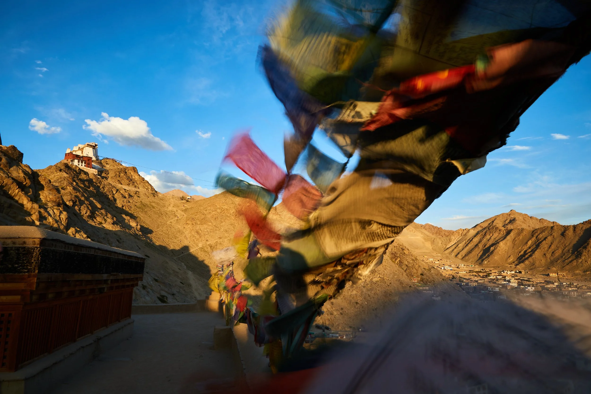 Tibetan prayer flags in the former royal palace in Leh. Tibetans who were displaced from Tibet during the Chinese invasion are now settled in Ladakh and hoping to return to their homeland one day. Prayer flags are believed to carry mantras and prayer