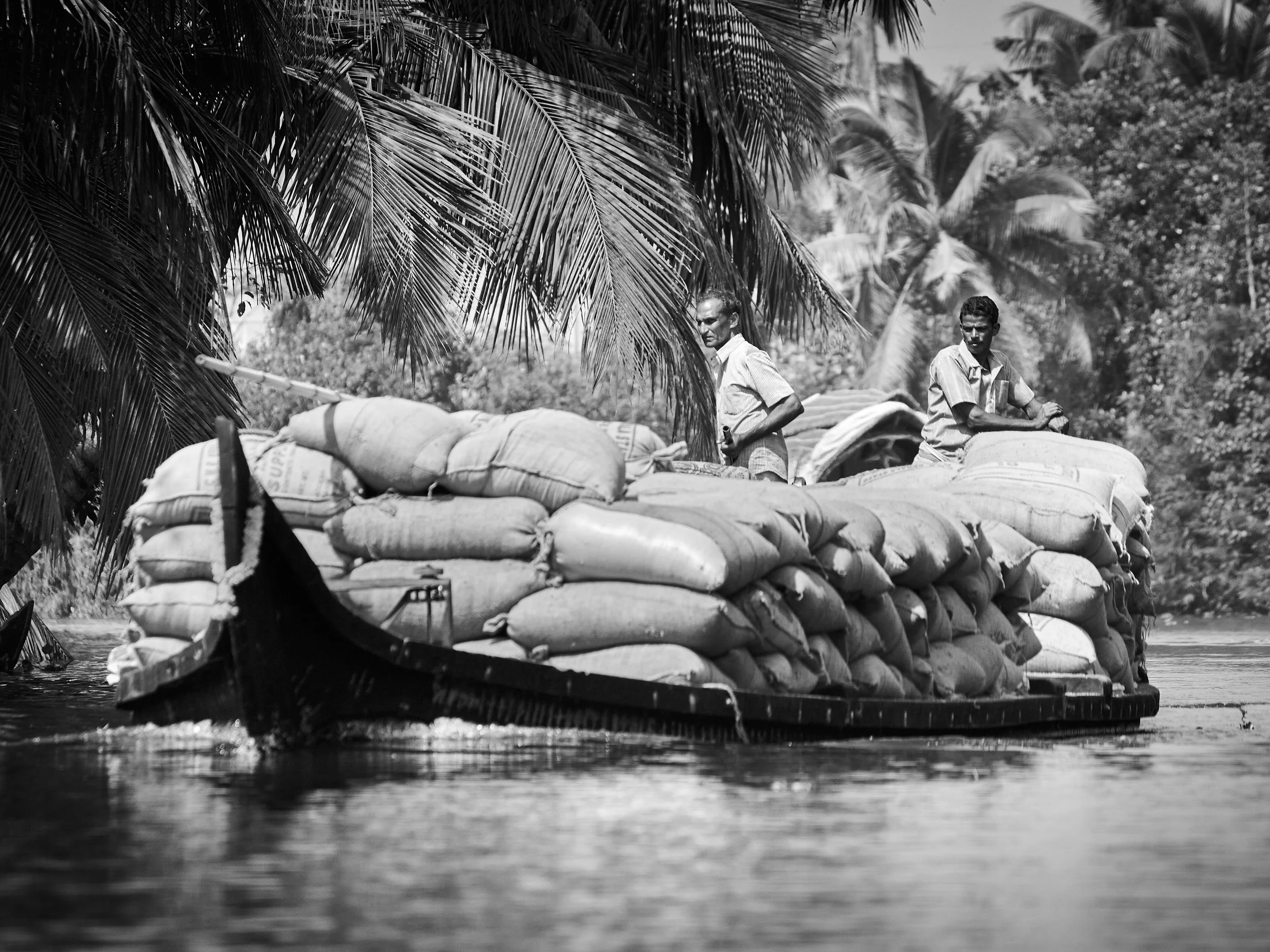 Traditional wooden boats are transporting sacks of rice in the similar fashion to the past.