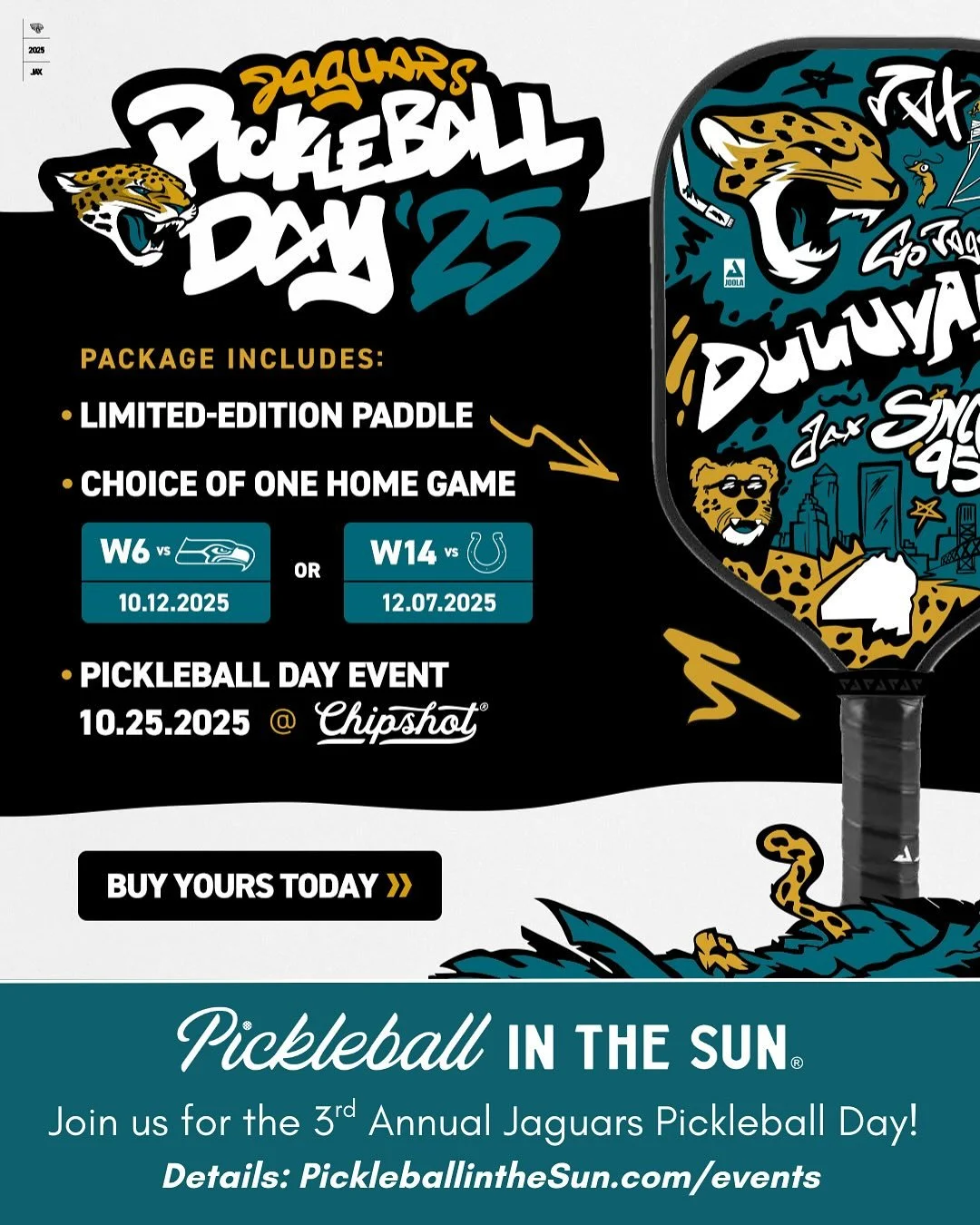 We are 1 month away until the 3rd Annual @jaguars Pickleball Day, hosted @playchipshot! Pickleball in the Sun will once again be handing out our iconic pink shades 🕶️ Join us! Swipe to see highlights from last year. LINK IN BIO for details and ticke