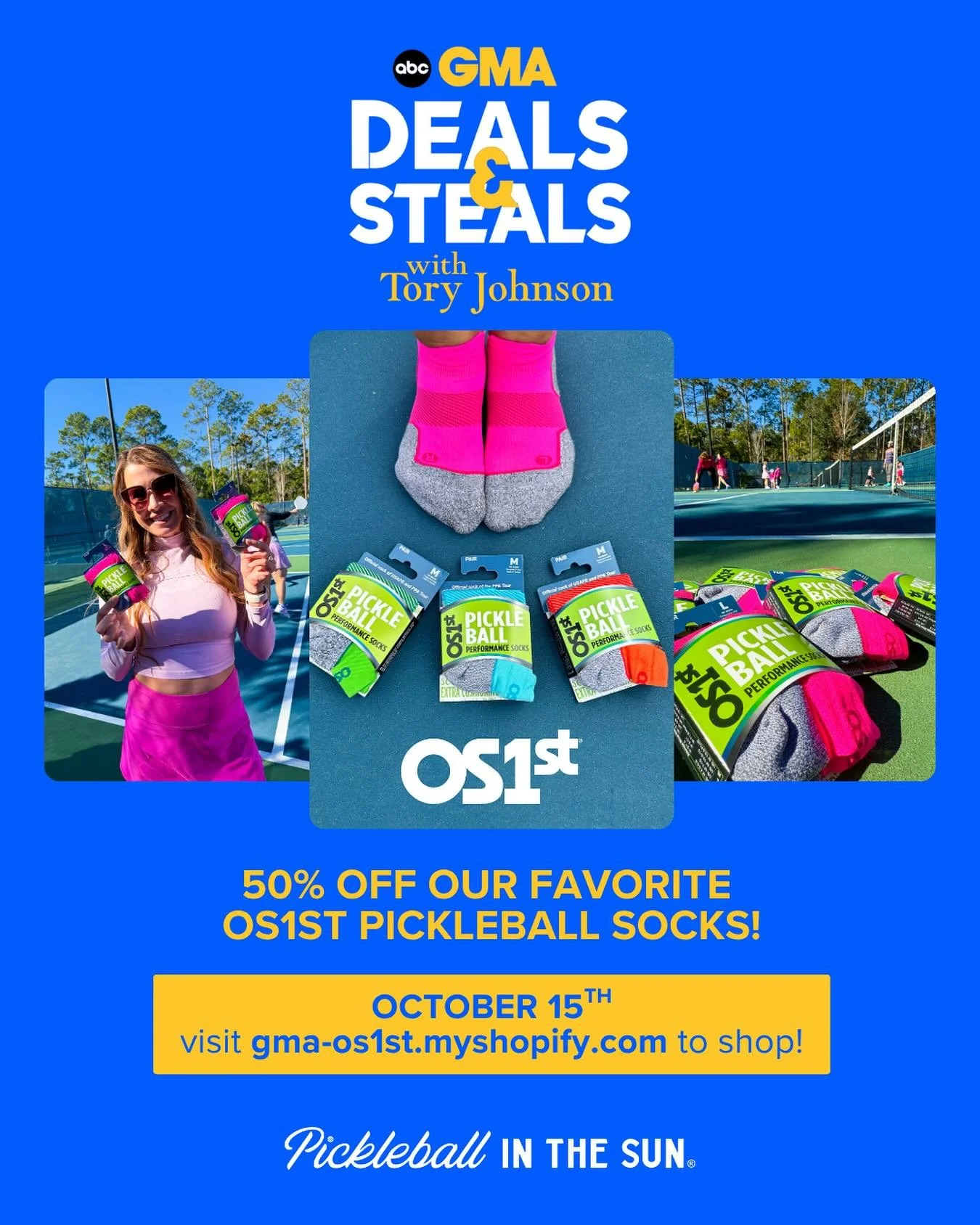 50% off alert! 🚨 @os1st pickleball socks are featured on @goodmorningamerica @gmadeals today only! #pickleball #gmadeals