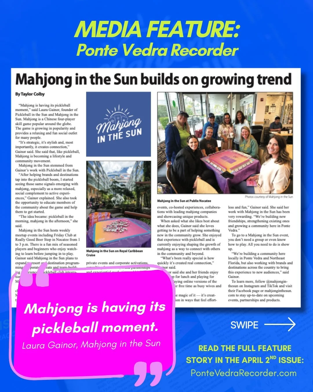 &ldquo;Mahjong is having its pickleball moment.&rdquo;

Grateful to be featured in the Ponte Vedra Recorder sharing how @mahjonginthesun came to life.

This is just the beginning, and I&rsquo;m so excited for what&rsquo;s ahead. ☀️

If you&rsquo;ve j