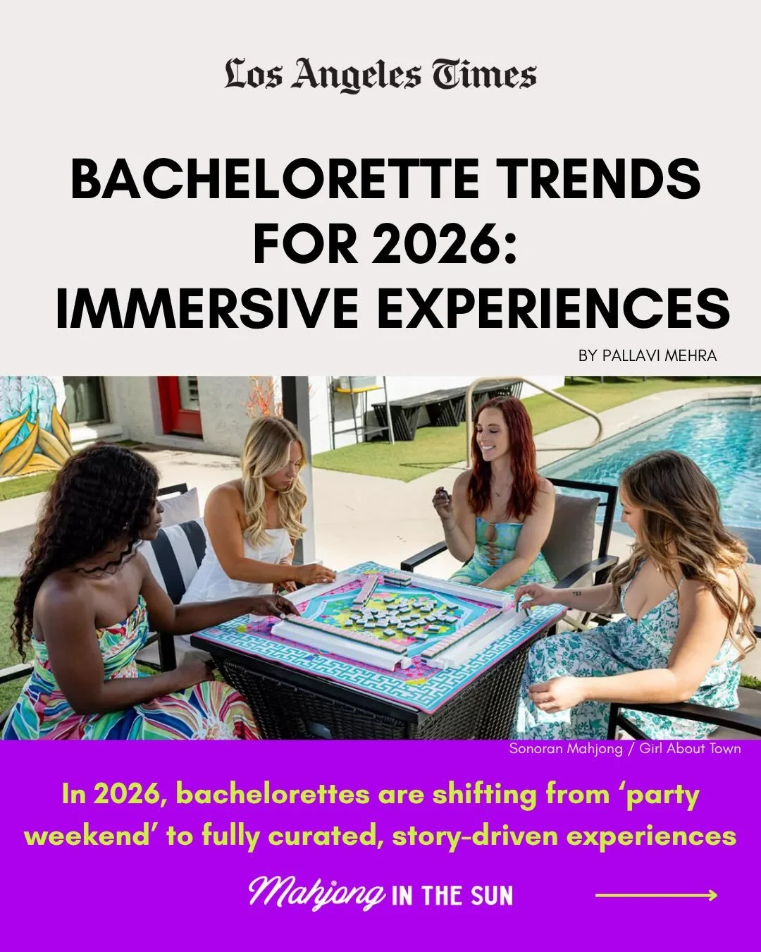 Bachelorettes are evolving ✨

According to the @latimes, 2026 is all about &ldquo;fully curated, story-driven experiences&rdquo;&mdash;moving beyond the traditional party weekend.

That&rsquo;s exactly why we created @mahjonginthesun Bachelorette Exp