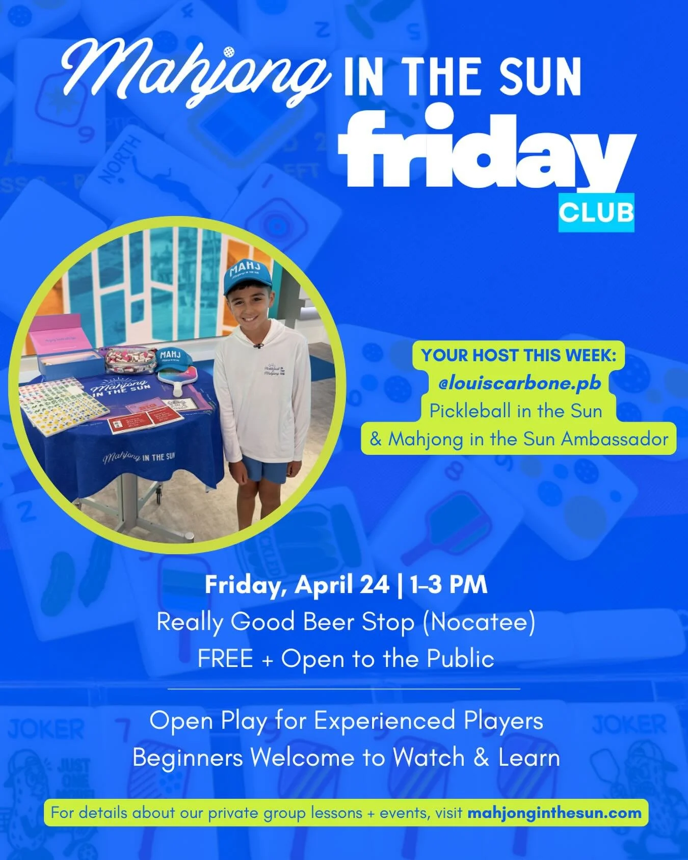 Join us for a special edition of Mahjong in the Sun: Friday Club @reallygoodbeerstopnocatee this Friday (April 24th) as our @pickleballinthesun &amp; @mahjonginthesun Junior Ambassador, @louiscarbone.pb, runs the show! ☀️🀄️

Laura is traveling, and 