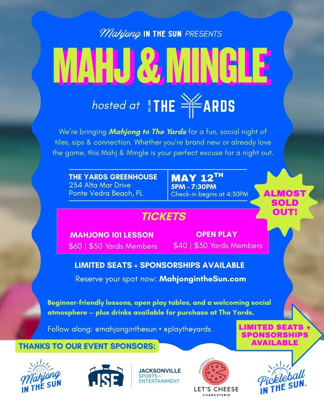 LAST CALL FOR TICKETS + SPONSORSHIPS! 

Incredibly excited for our upcoming @mahjonginthesun &mdash; Mahj &amp; Mingle event at @playtheyards on Tuesday, May 12th.

Mahjong is having its moment&mdash;and we&rsquo;re down to just a few player seats re