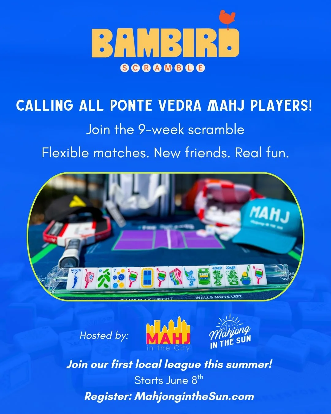 Calling all Ponte Vedra Mahj players ☀️🀄️
Your new favorite summer plan just dropped.

The @bambirdscramble is officially OPEN &mdash; and we&rsquo;re looking for local players to join our very first Ponte Vedra mahjong league with @mahjonginthesun 