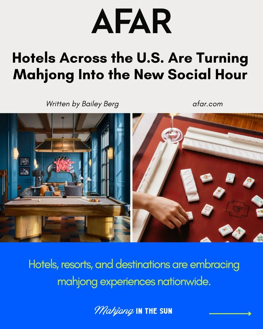 Mahjong clinics. Mahjong retreats. Mahjong social play.

This week, @Afarmedia&rsquo;s Bailey Berg highlighted the growing trend of hotels and resorts embracing mahjong as a travel experience that brings people together through connection, community,