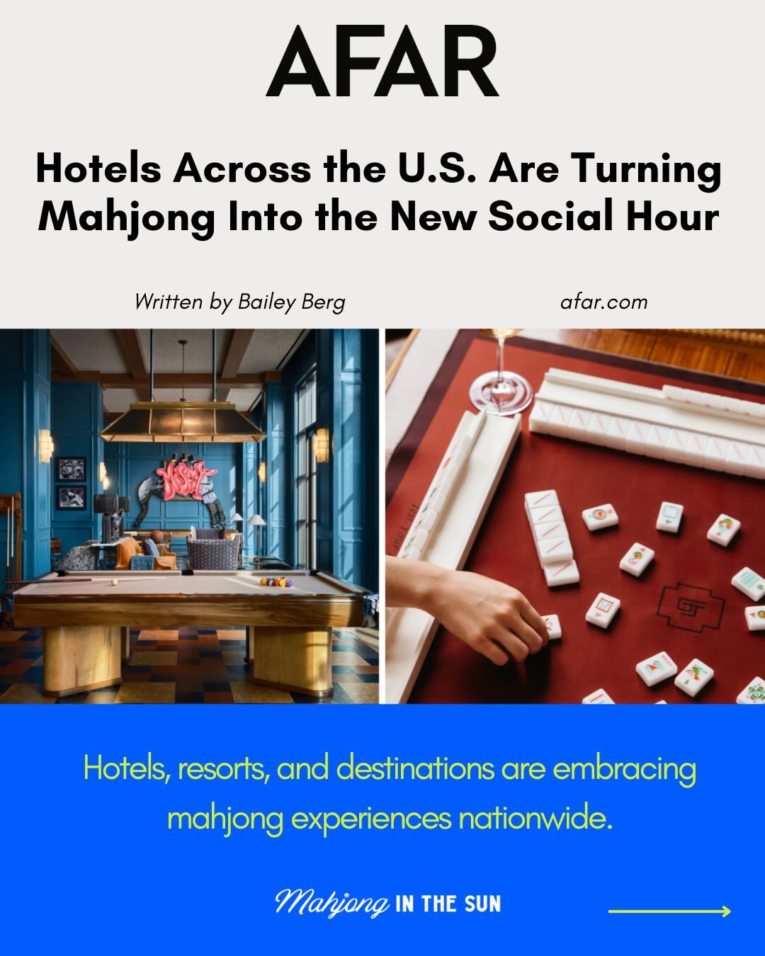Mahjong clinics. Mahjong retreats. Mahjong social play.

This week, @Afarmedia&rsquo;s Bailey Berg highlighted the growing trend of hotels and resorts embracing mahjong as a travel experience that brings people together through connection, community,