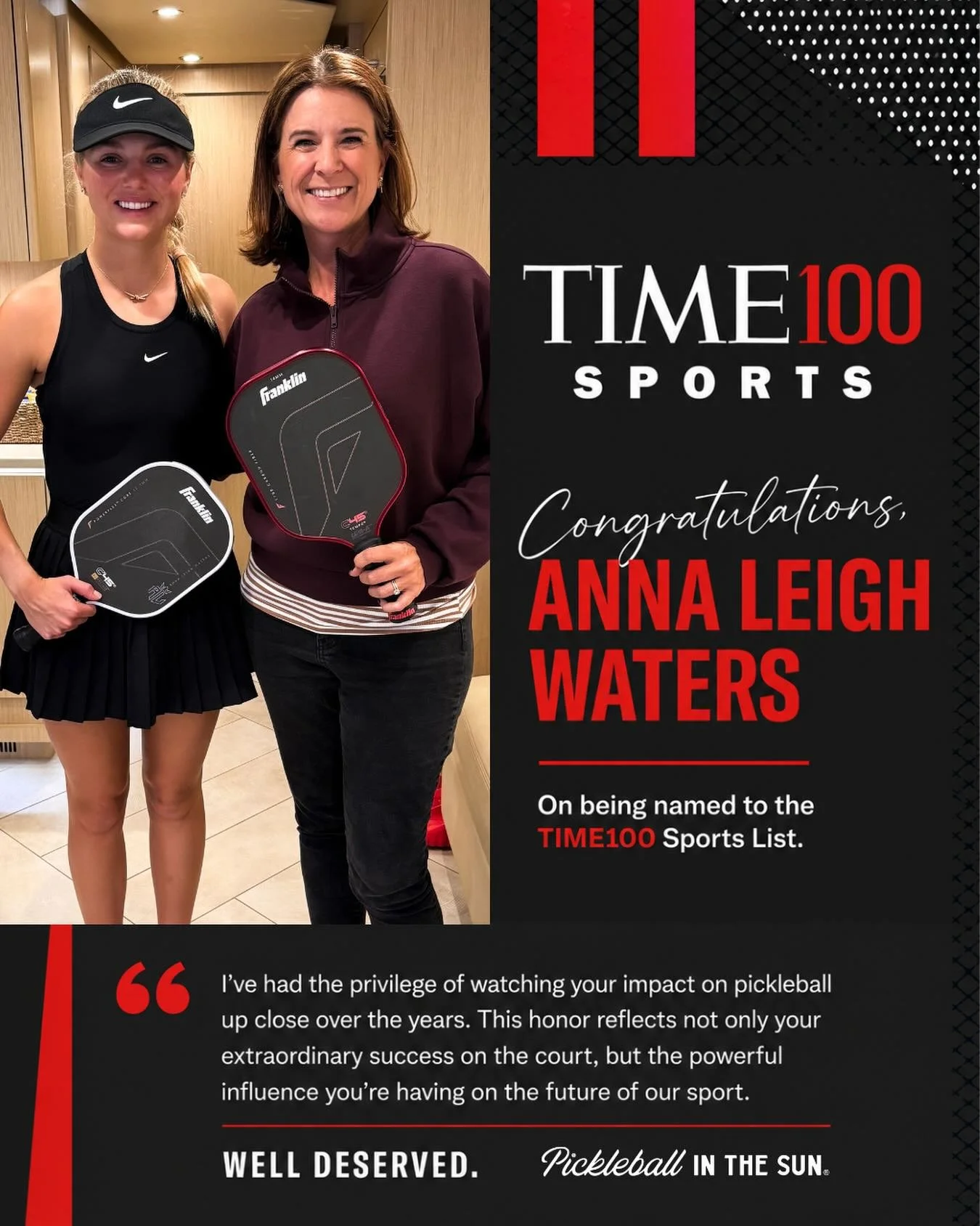 Congratulations to @Anna.leigh.waters on being named to the @time 100 Sports List.

I&rsquo;ve had the privilege of watching Anna Leigh&rsquo;s impact on pickleball up close over the years, and this recognition is incredibly well deserved.

While her