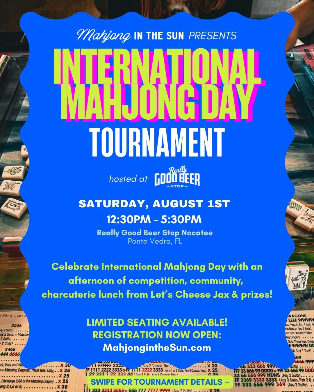 REGISTRATION IS NOW OPEN! ☀️🀄
We&rsquo;re celebrating International Mahjong Day the best way we know how&mdash;with an afternoon full of mahj, friendly competition, great food, drinks, prizes and an incredible community of players! 🎉

Join us on Sa