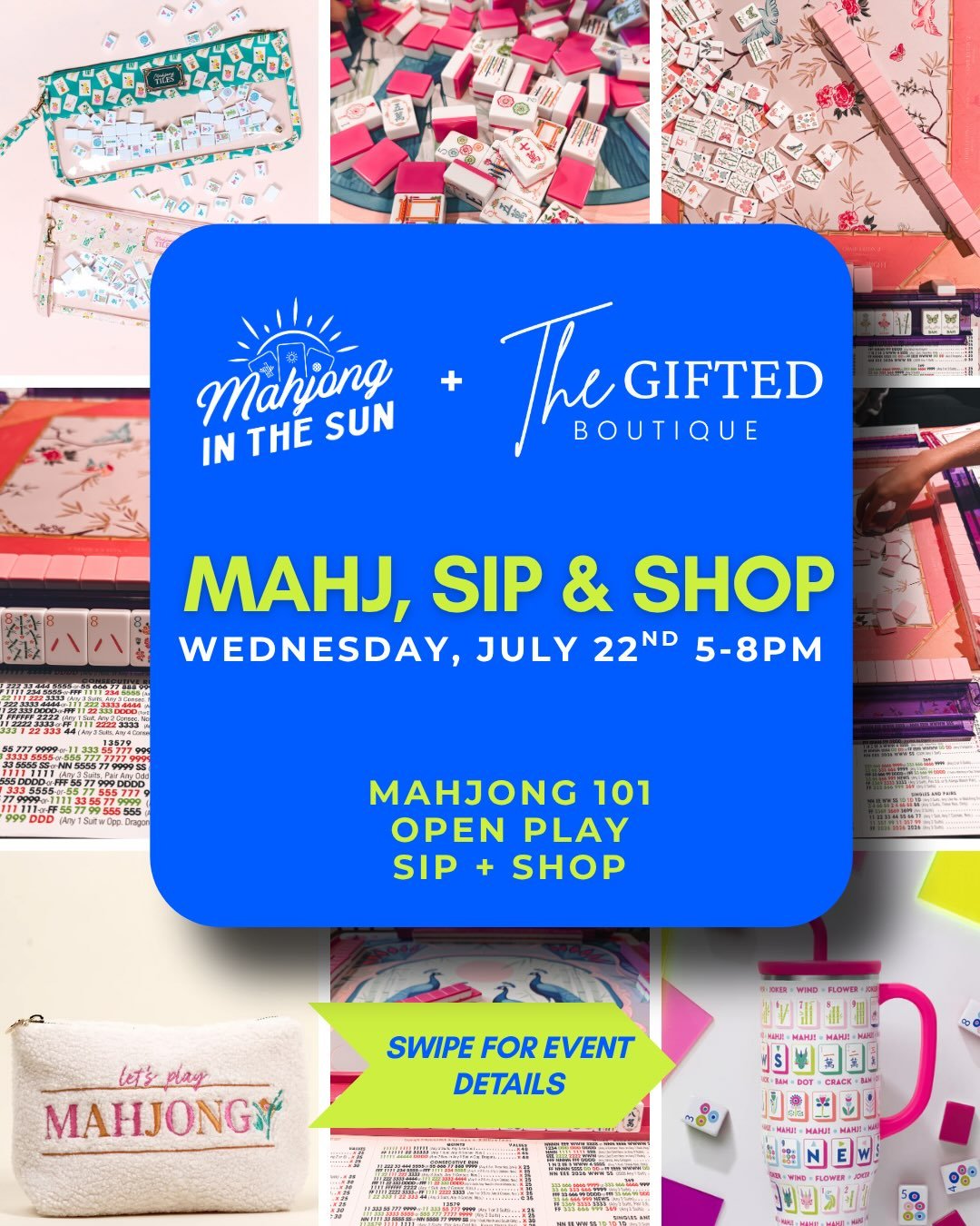 Mahjong, shopping, sipping &amp; a summer night out! 🛍️🥂

Join @mahjonginthesun + @thegiftedboutique on Wednesday, July 22 from 5&ndash;8 PM for a special Mahjong 101 + Open Play Sip &amp; Shop Experience!

Whether you&rsquo;ve been wanting to fina