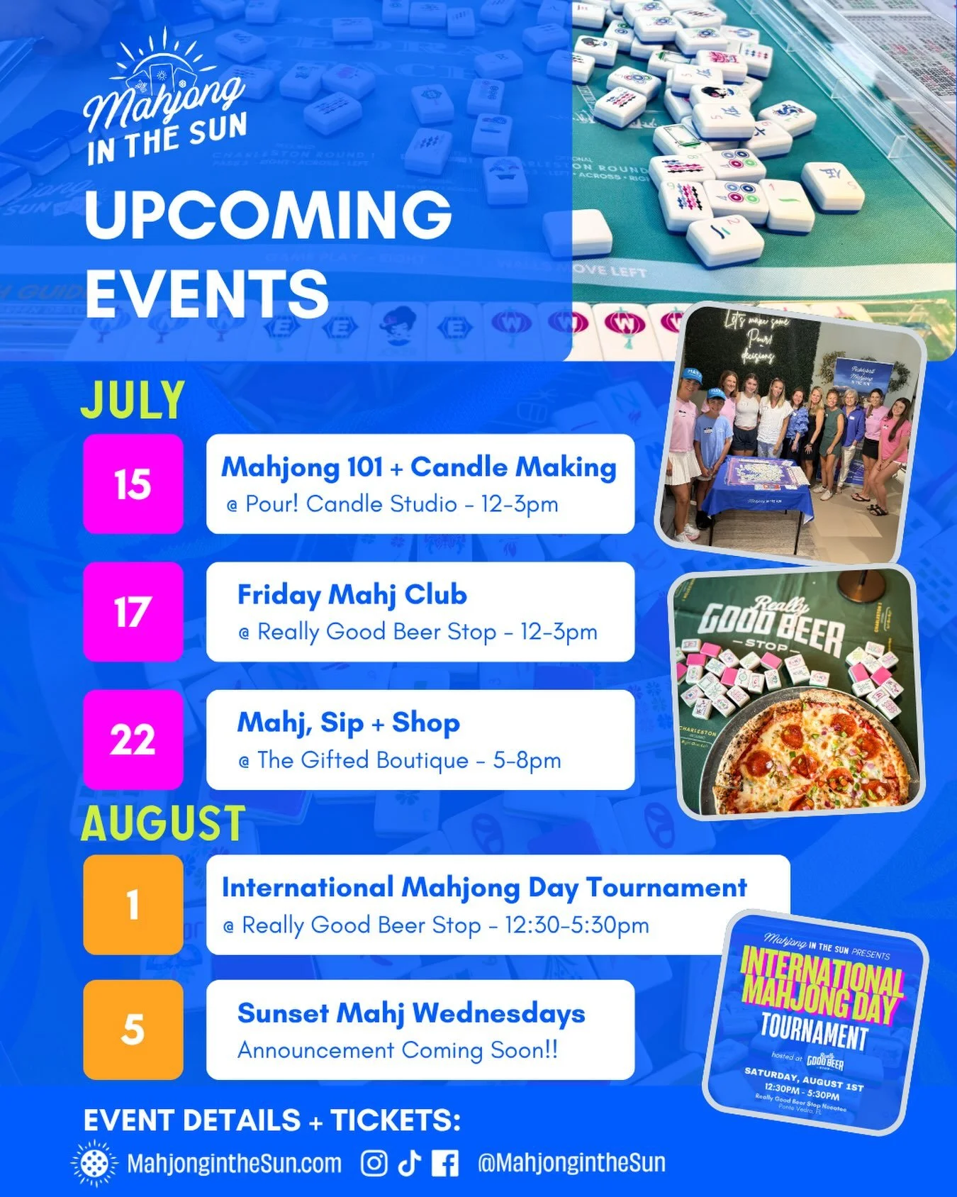 Upcoming @mahjonginthesun Events!

Our community just keeps growing, and we have an exciting couple of weeks ahead! Whether you&rsquo;re learning to play, joining us for open play, or competing in our International Mahjong Day Tournament, we&rsquo;d 