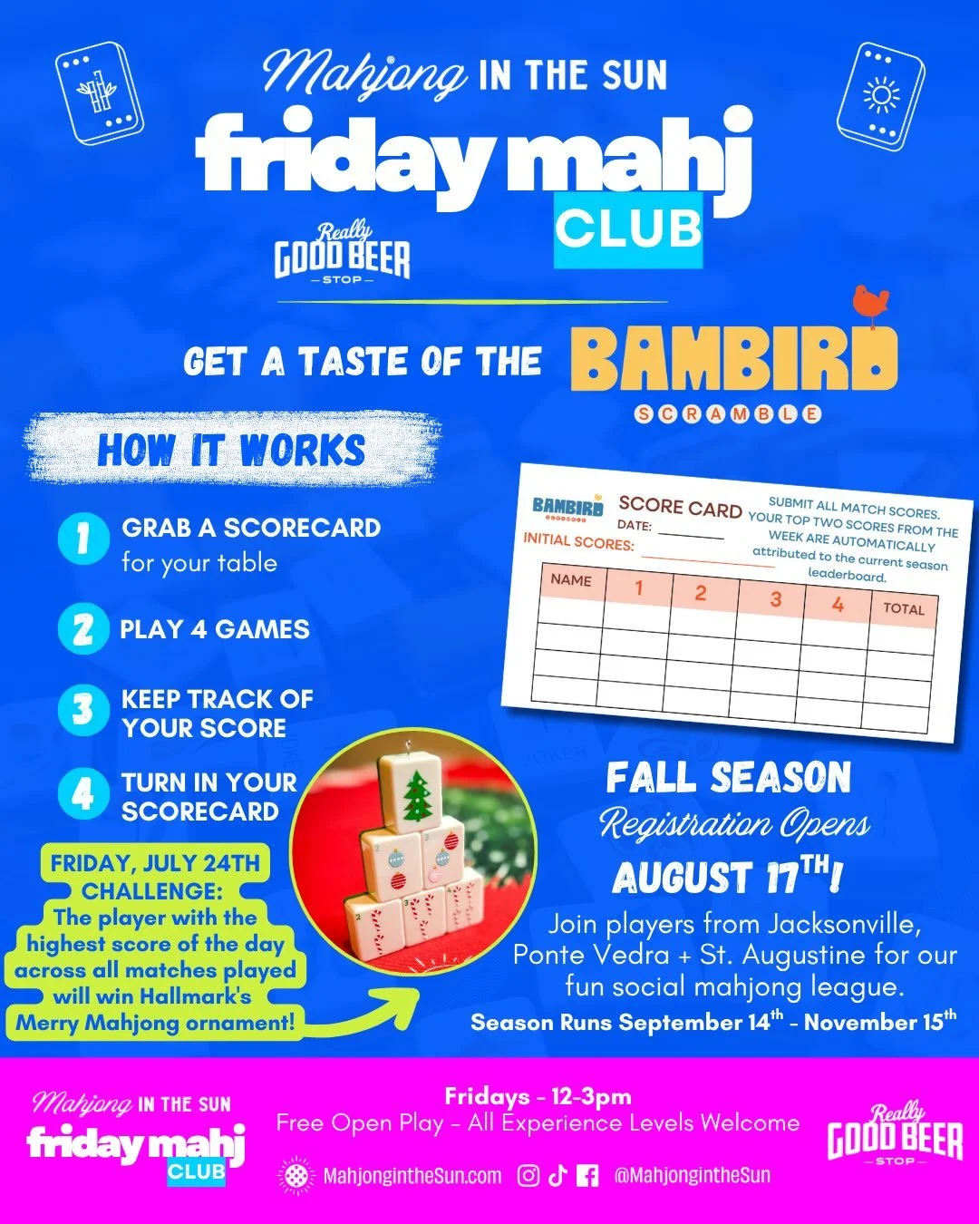 Friday Mahj Club is TODAY! 🀄☀️
📍 @reallygoodbeerstopnocatee 
🕛 12&ndash;3 PM
🎟️ FREE &amp; open to everyone!

Stop by for as little or as long as you&rsquo;d like. Whether you&rsquo;re a regular or it&rsquo;s your first time joining us, we&rsquo;